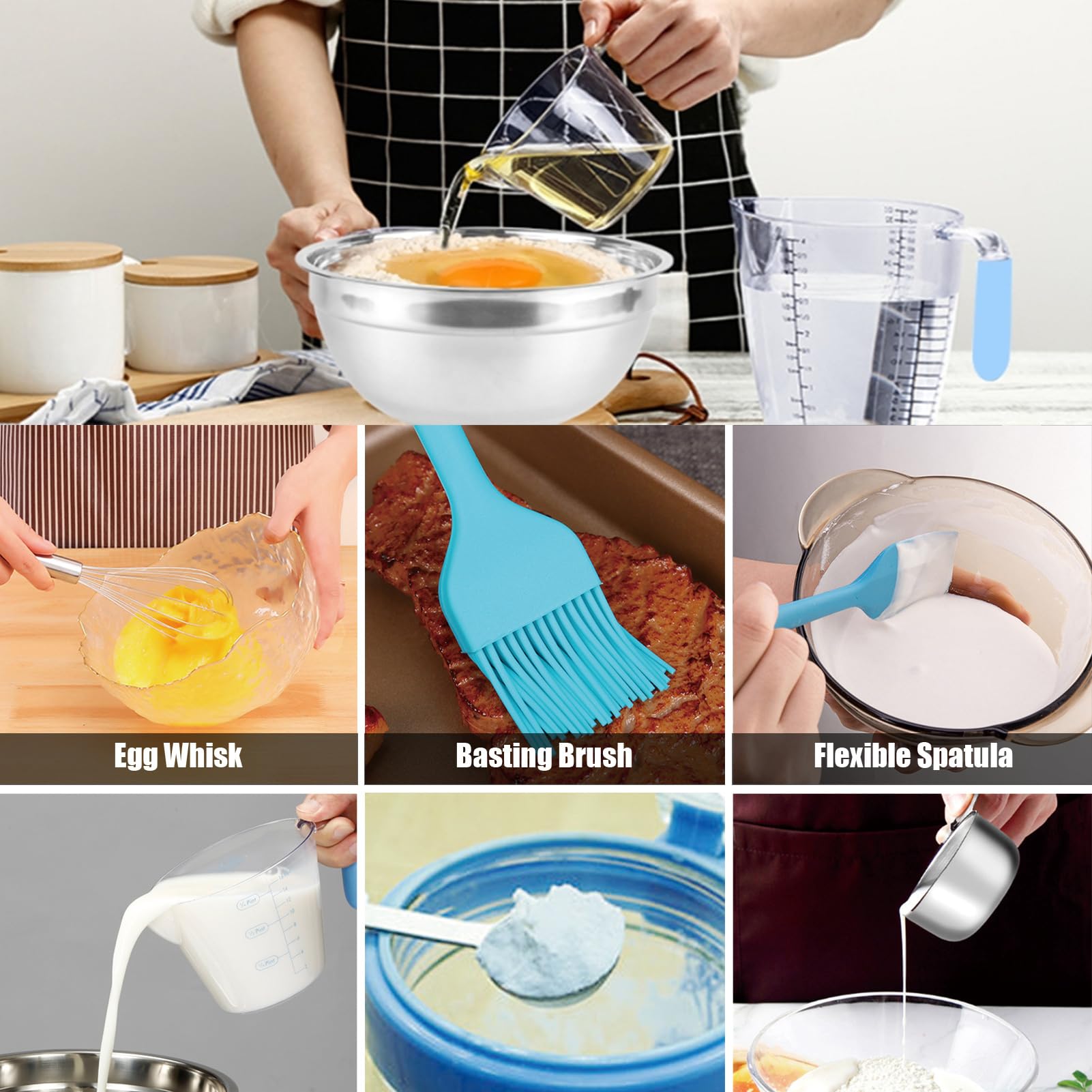 Mikula Mixing Bowls, Mixing Bowl Set With Lids, 22Pcs Large Stainless Steel Mixing Bowls & 400Ml Measuring Cups Spoons Storage N