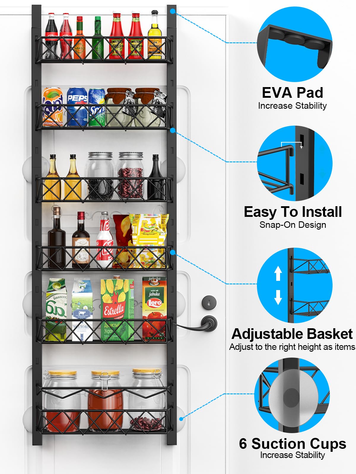 Fulpower Over The Door Pantry Organizer, 6-Tier Pantry Organizers And Storage, 6+1 Metal Hanging Wall Mount Spice Rack For Kitch