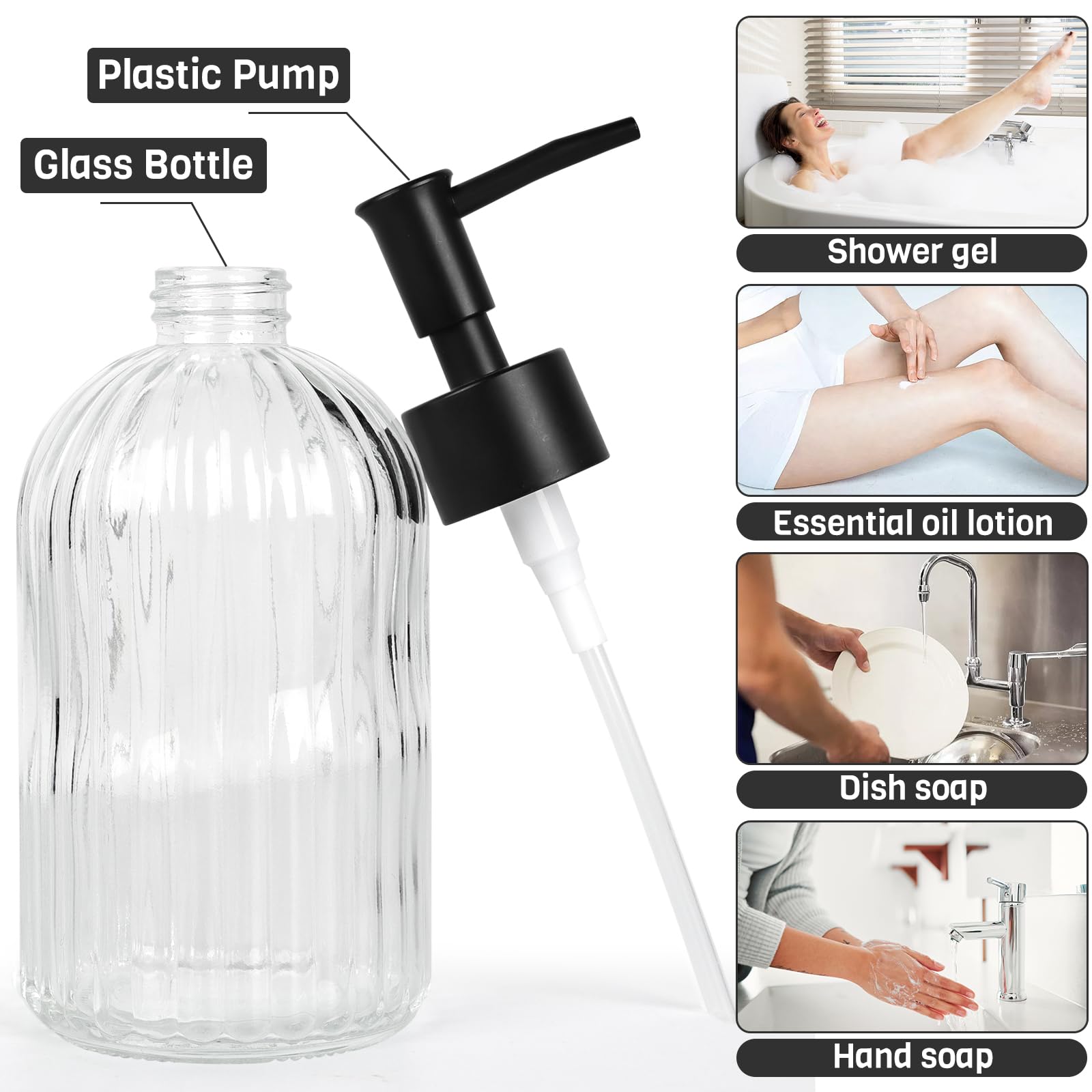 Ulable 2 Pack Glass Soap Dispenser With Pump, 13.5Oz Refillable Soap Dispensers With Vertical Stripe For Hand Wash & Dish Wash,
