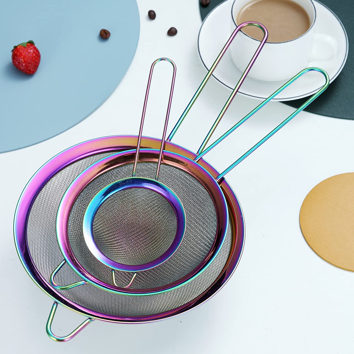 Kyraton Rainbow Fine Mesh Strainer 3 Pieces Set, Copper Flour Sifter For Baking, Stainless Steel Clander, Matcha Tea Strainer, G
