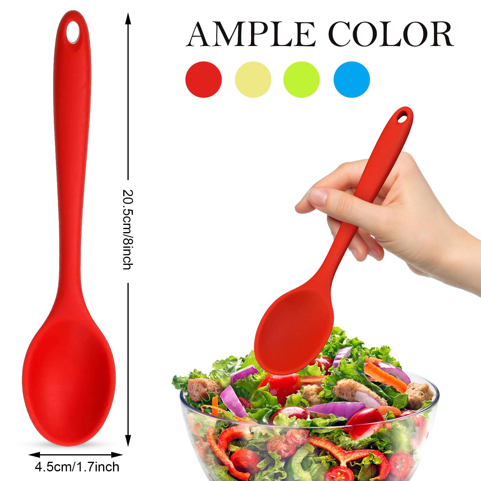 Tuojecuk 4 Pcs Mixing Spoons Set, 8" Silicone Nonstick Kitchen Utensils, Multicolor, Heat Resistant for Cooking and Baking