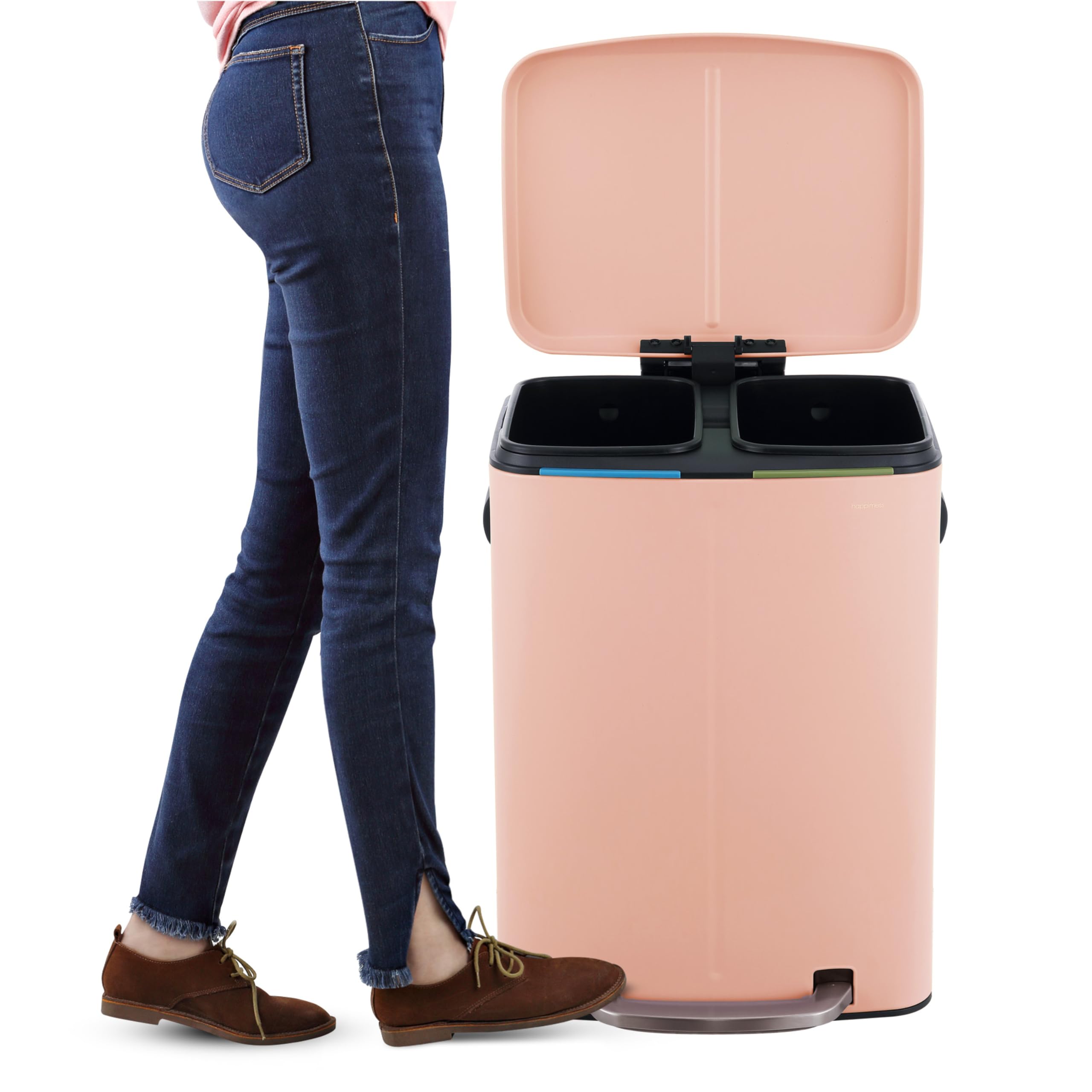 Happimess Hpm1005G Marco Rectangular 10.6-Gallon Double Bucket Trash Can With Soft-Close Lid, Flamingo Pink, Fingerprint Resista