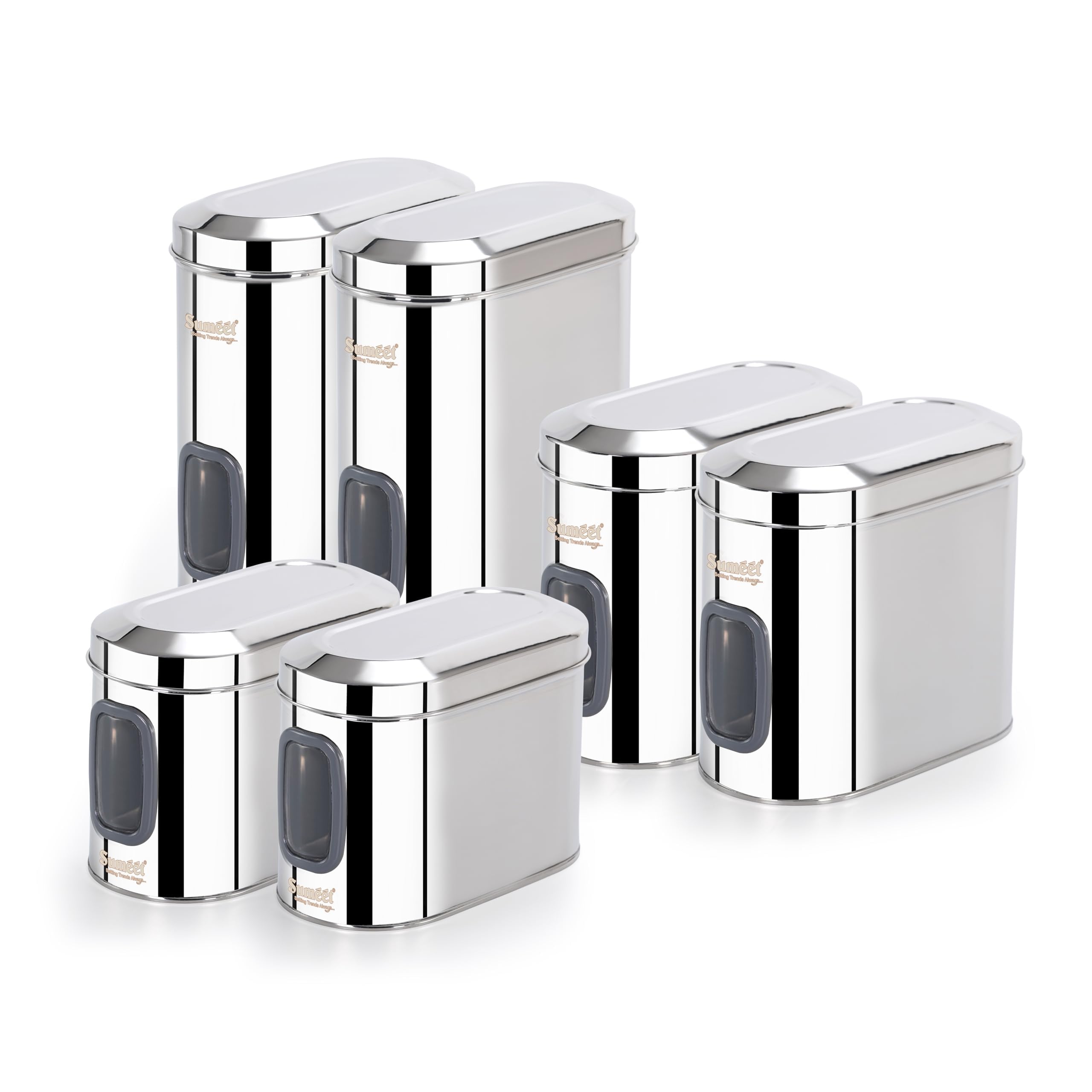 Sumeet Isi Certified Stainless Steel Capsul Canister Container For Kitchen Storage With See Through Window - Set Of 6 Pcs - 1400Ml + 1850Ml + 2600Ml  Silver