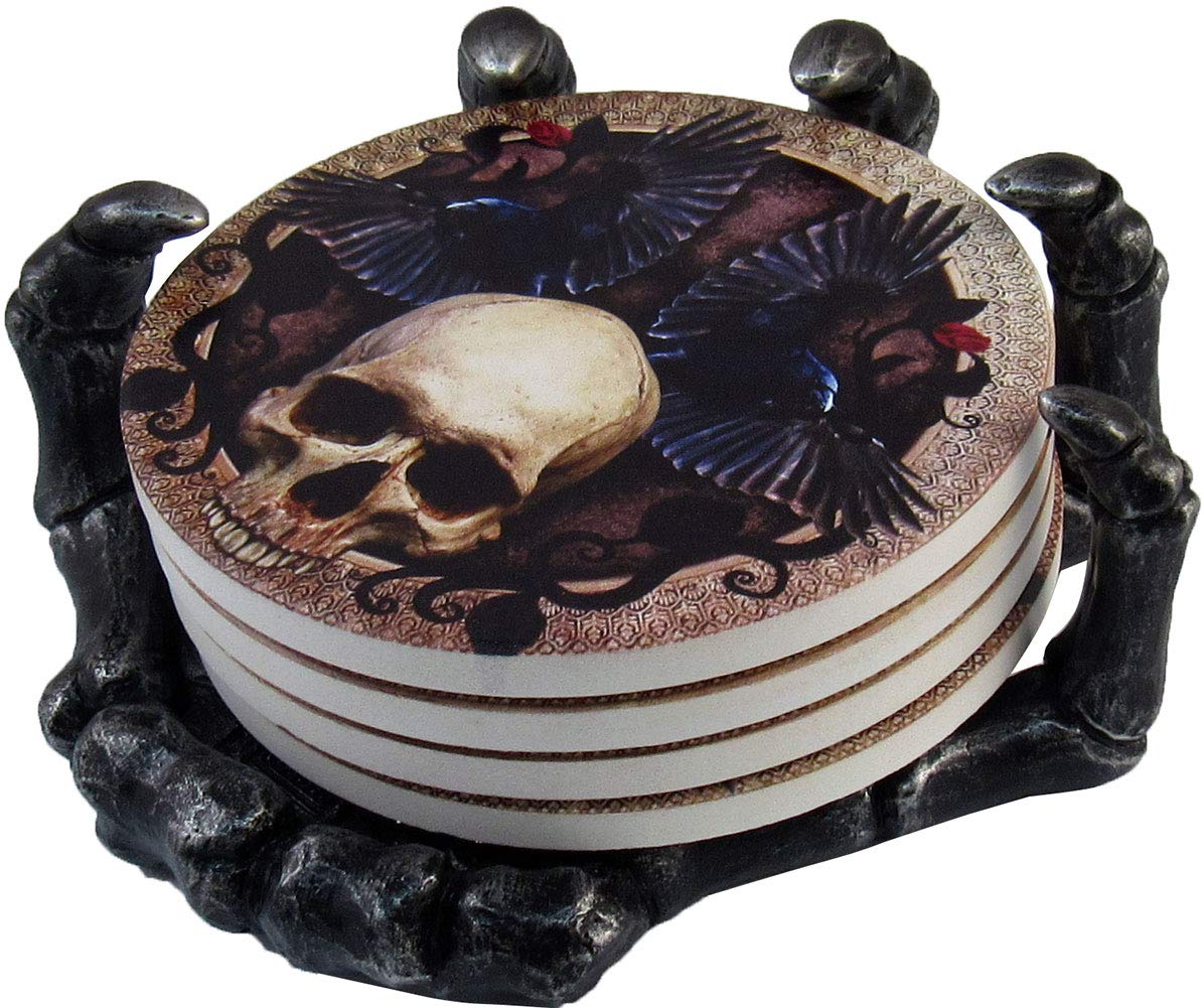Dwk - Helping Hand - Beautiful Gothic Skull Beverage Coasters With Creepy Skeleton Hand Holder For Halloween Home Kitchen Dining