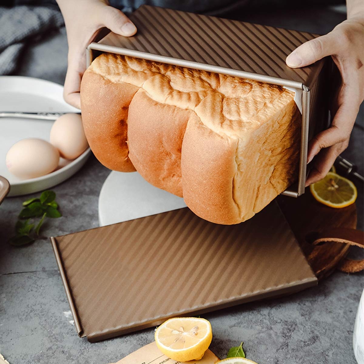Kofebe Loaf Pan With Cover,Toast Box Mold Non-Stick Bakeware Carbon Steel Corrugated Baking Bread Pan,1Lb Dough Capacity