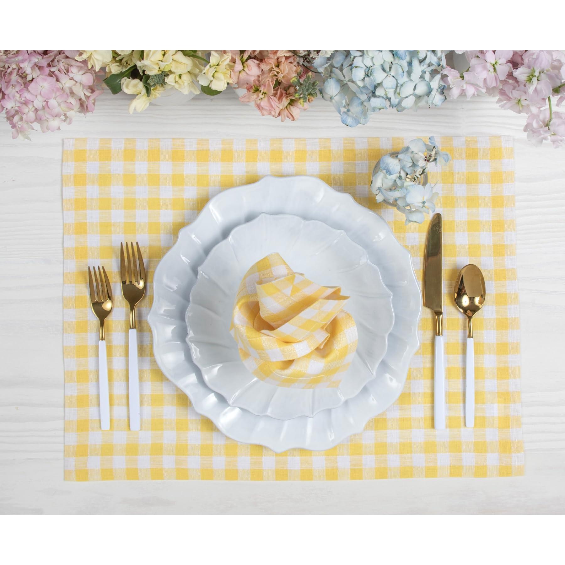 Solino Home Gingham Check Linen Napkins Set Of 4 - 100% Pure Linen Marigold Yellow Plaid Napkins 20 X 20 Inch - Machine Washable