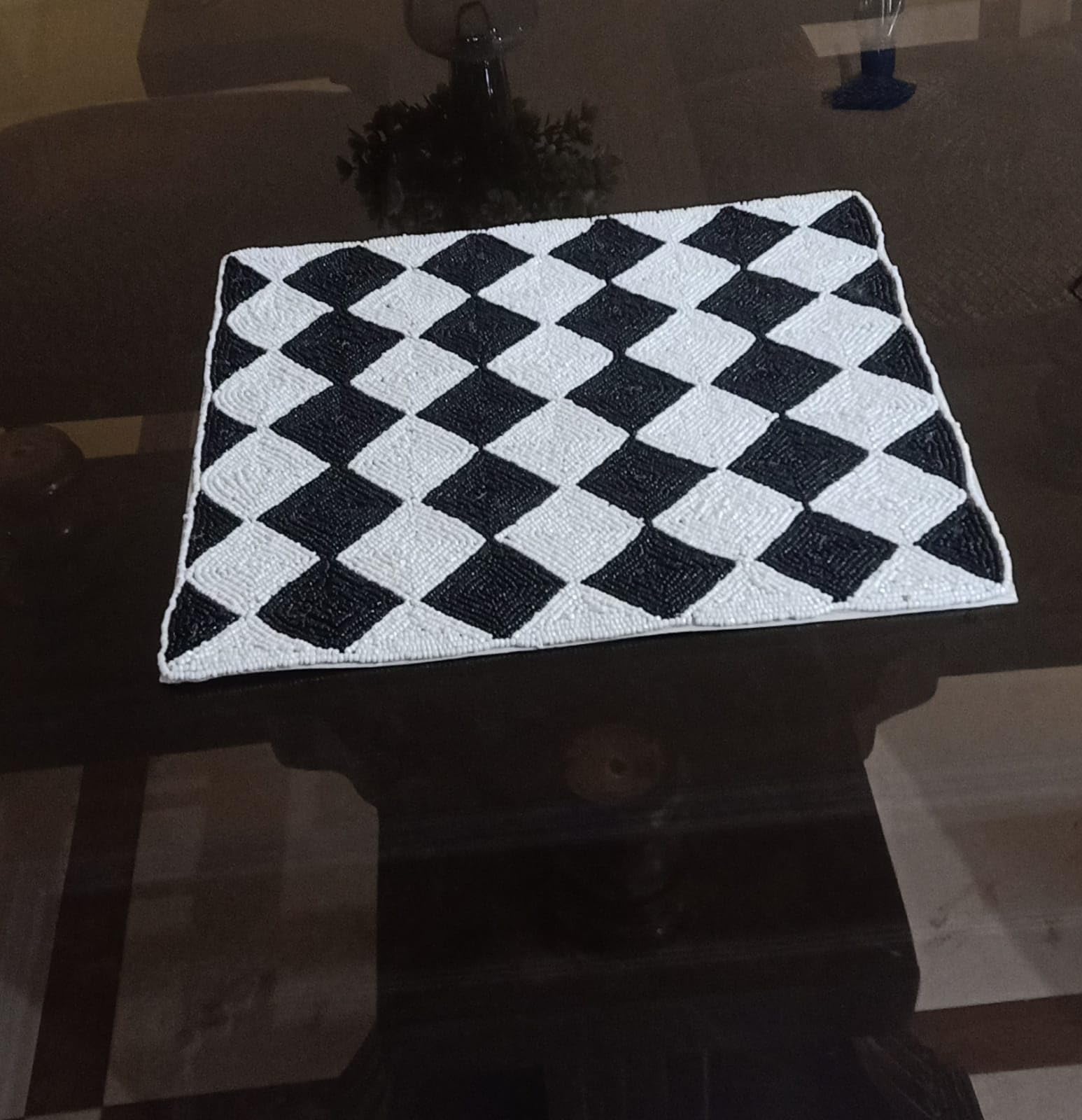 SS creations Handcrafted Beaded Square Table Runner/Square Table Placemat for Center and Dinning Table (Black $ White) 14 Inches