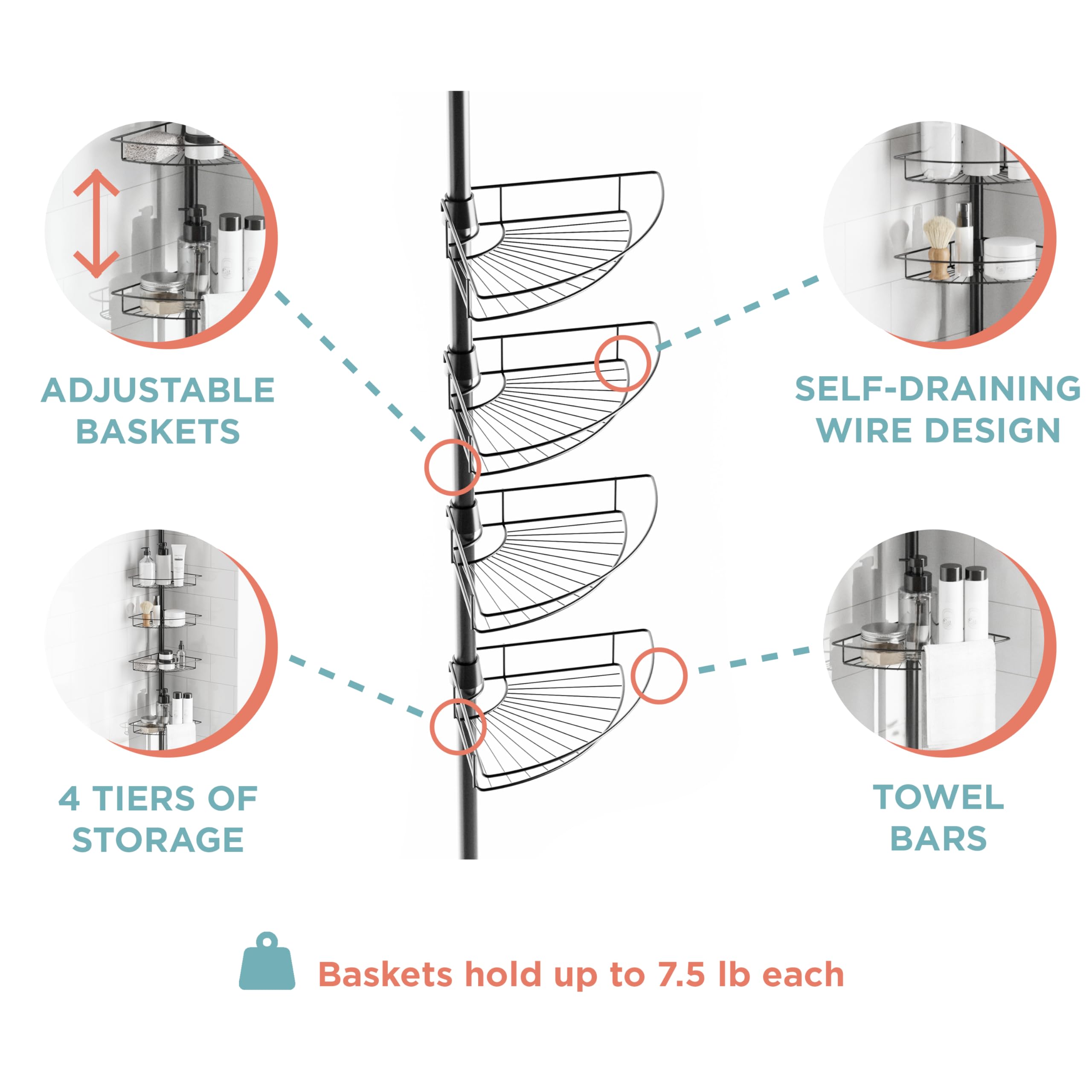 Zenna Home Tension Pole Shower Caddy With 4 Basket Shelves With Towel Bars, Matte Black, 60-97 Inch - Rust-Resistant Corner Show