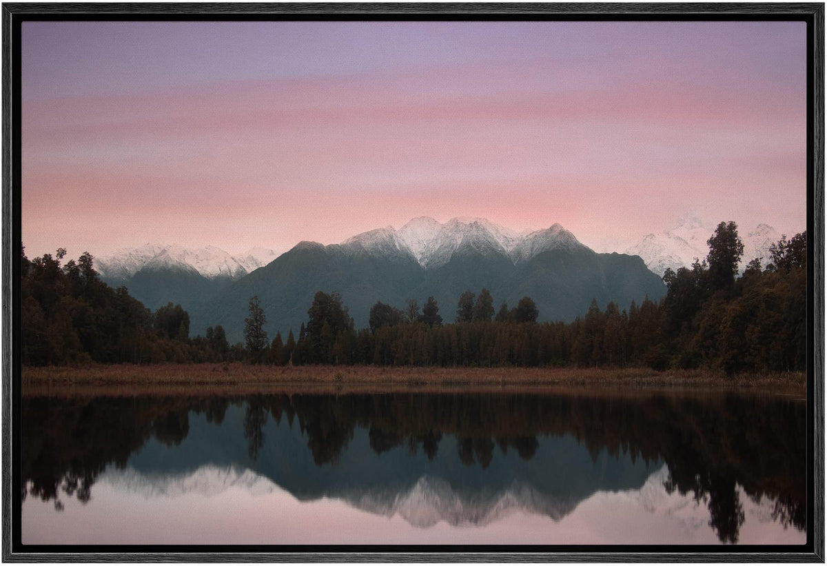 Signwin Framed Canvas Wall Art Pink And Red Sunset Over Lake Matheson, New Zealand Landscape Ocean Photography Modern Panoramic