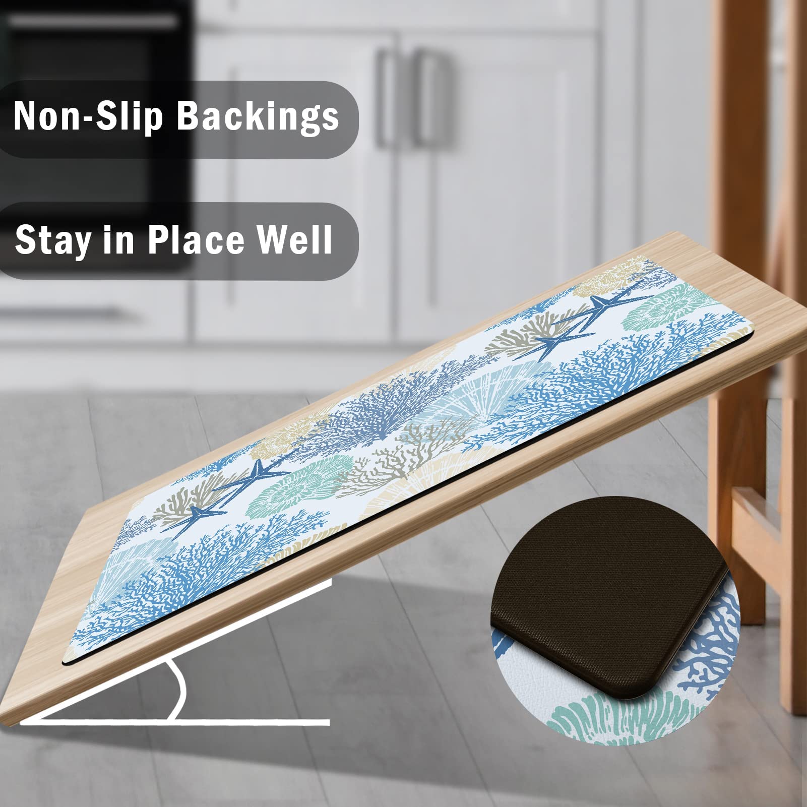 Tritard Coastal Beach Theme Kitchen Mats Rugs Set of 2 Anti Fatigue Kitchen Mats for Floor Memory Foam Cushioned Waterproof Non Slip Comfort Standing Mat for Sink Laundry  Blue  17.3''x 28''+17.3''x 47''