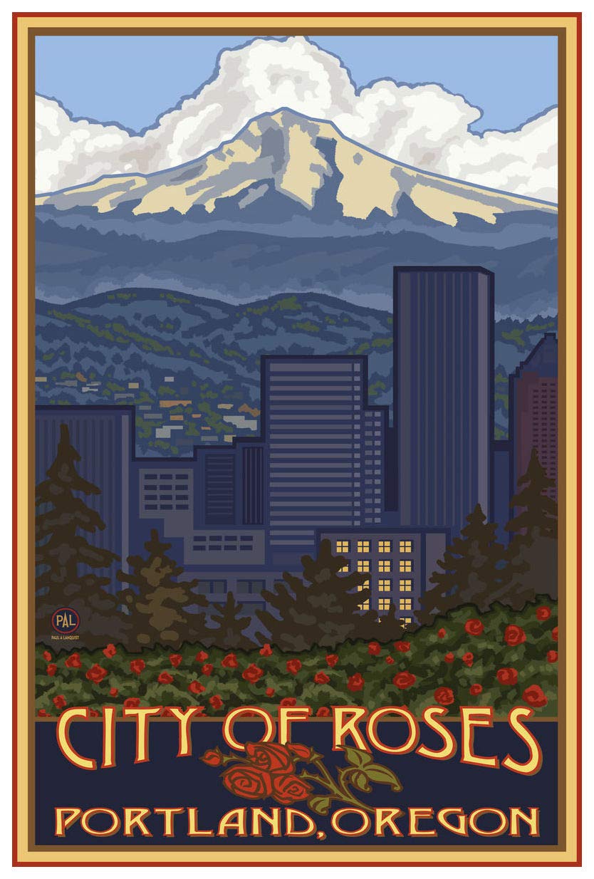 Portland Oregon Skyline Giclee Art Print Poster From Travel Artwork By Artist Paul A. Lanquist 12'' X 18''