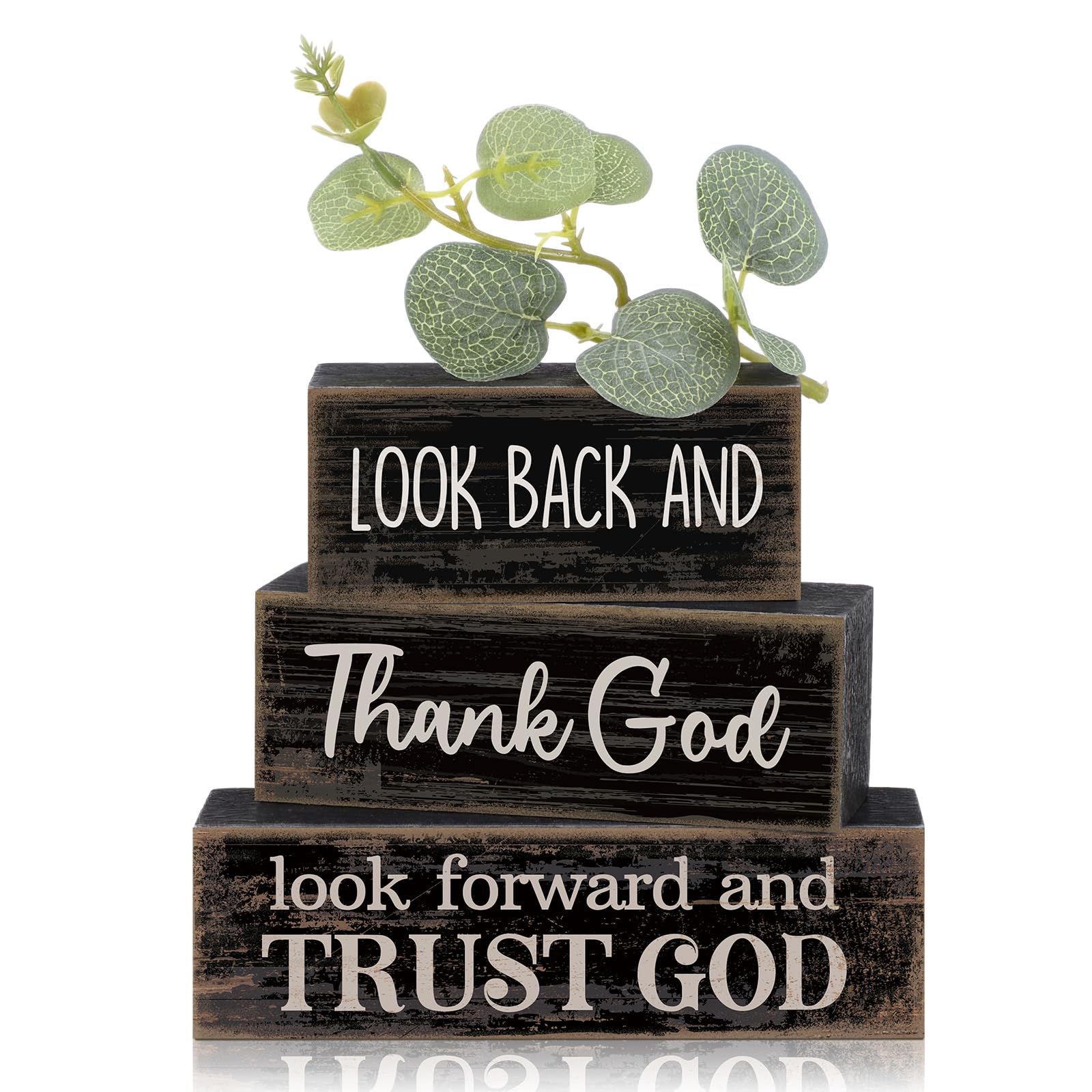 Lineshading 4 Pcs Christian Table Decor Inspirational Gifts for Women Look Back and Thank God Look Forward and Trust God Wooden 