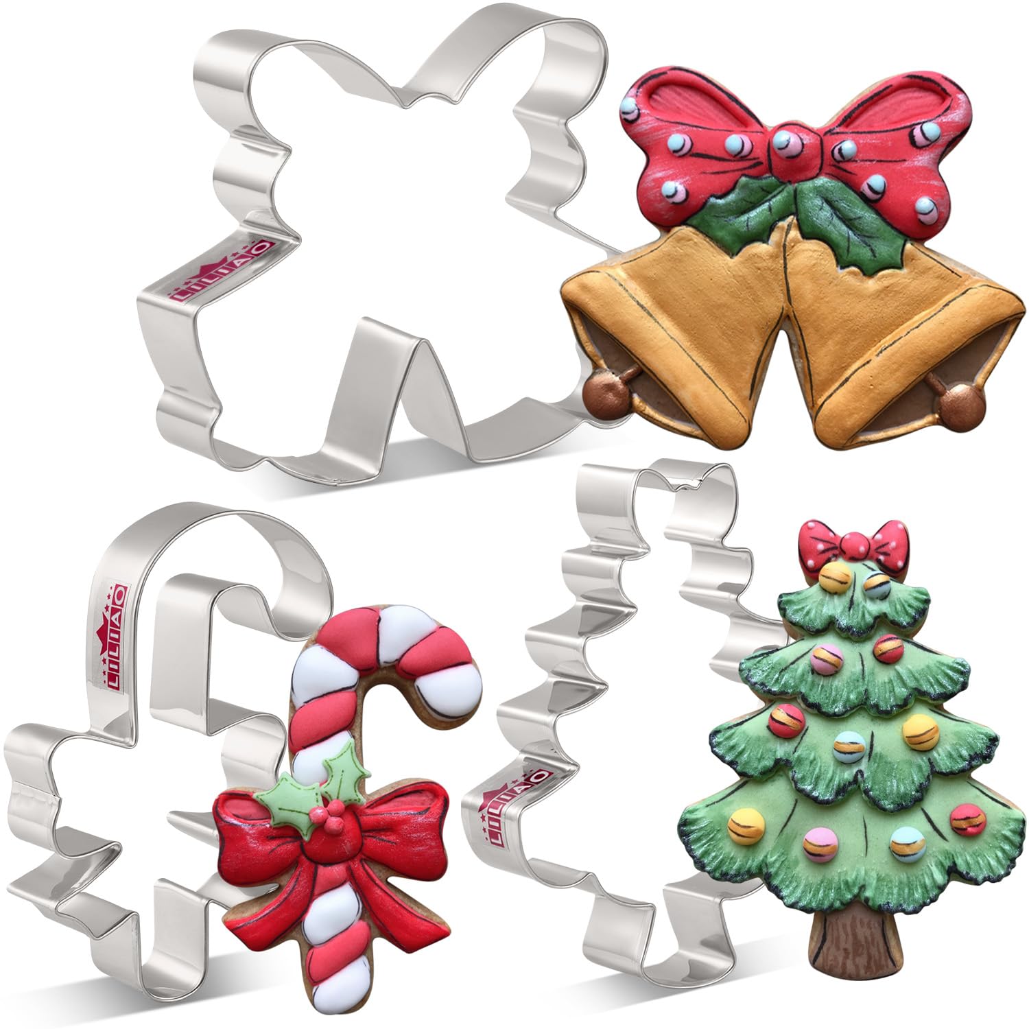 Liliao Christmas Cute Cookie Cutter Set - 3 Piece - Candy Cane With Bow, Christmas Tree With Bow And Double Bell With Bow/Ribbon