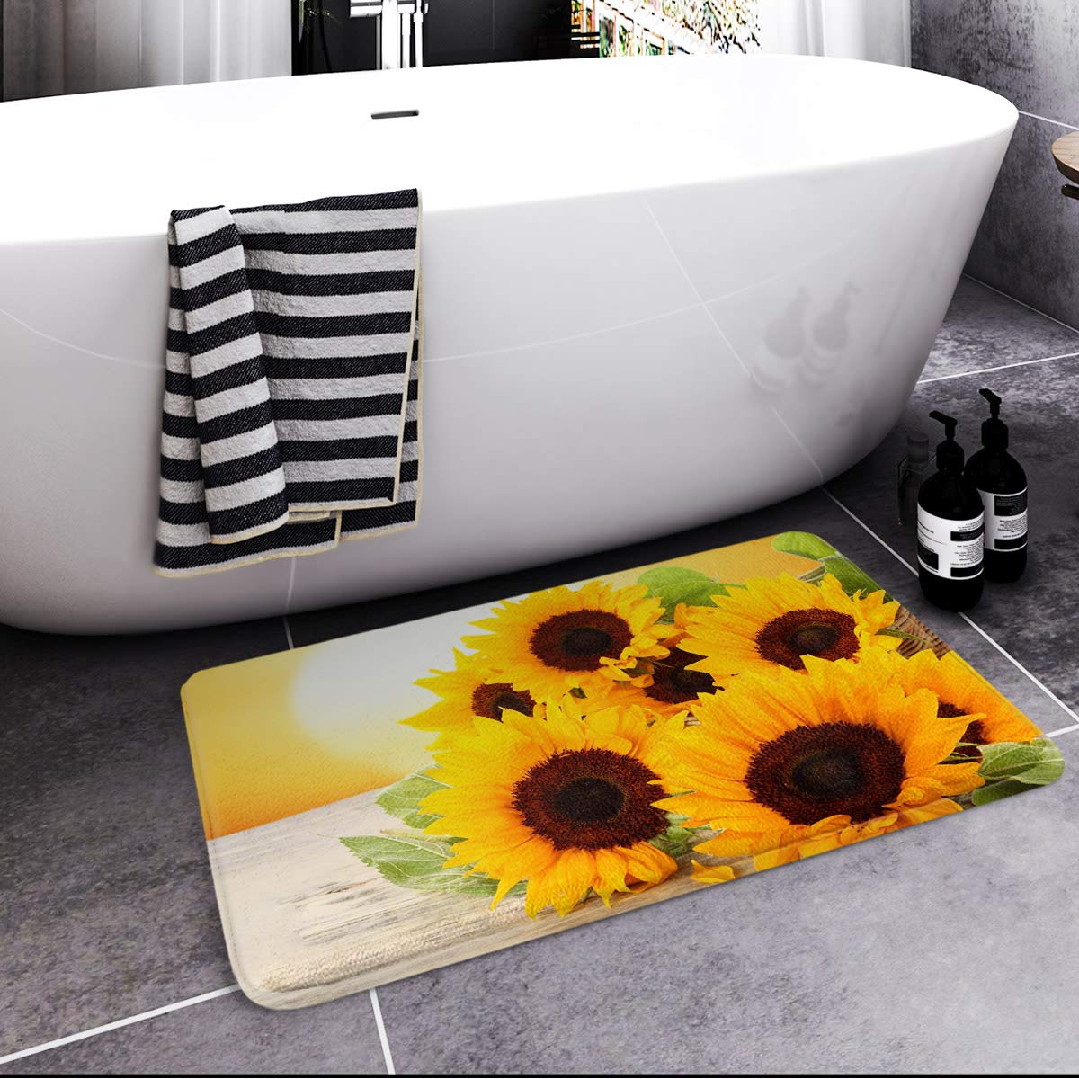 Britimes Bath Mat For Bathroom, Bathroom Mats Rugs No Silp, Yellow Sunflower Washable Cover Floor Rug Carpets Floor Mat Bathroom