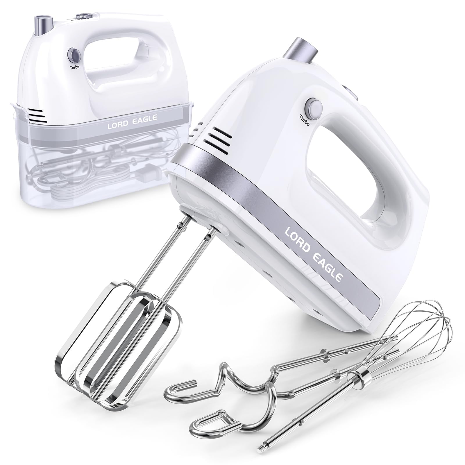 Lord Eagle Hand Mixer Electric  400W Power handheld Mixer for Baking Cake Egg Cream Food Beater  Turbo Boost/Self-Control Speed + 5 Speed + Eject Button + 5 Stainless Steel Accessories (White)