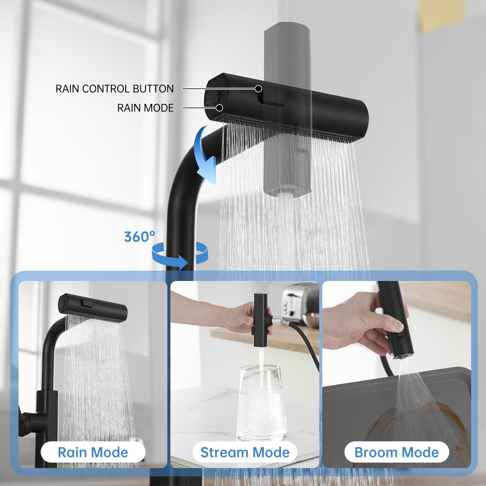 Rumose Kitchen Faucets With Pull Down Sprayer Matte Black Waterfall Rv Kitchen Sink Faucet With Sprayer 3-Mode Commercial High A