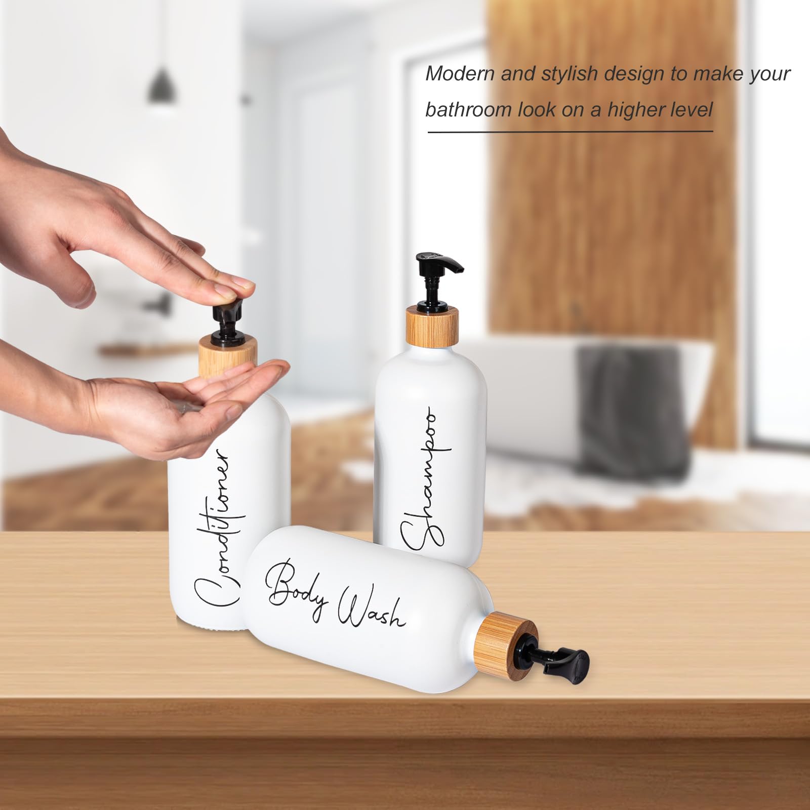Glass Shampoo And Conditioner Pump Bottles Soap Dispenser Bamboo Pump Head Empty Glass Refillable Shampoo Conditioner Body Wash
