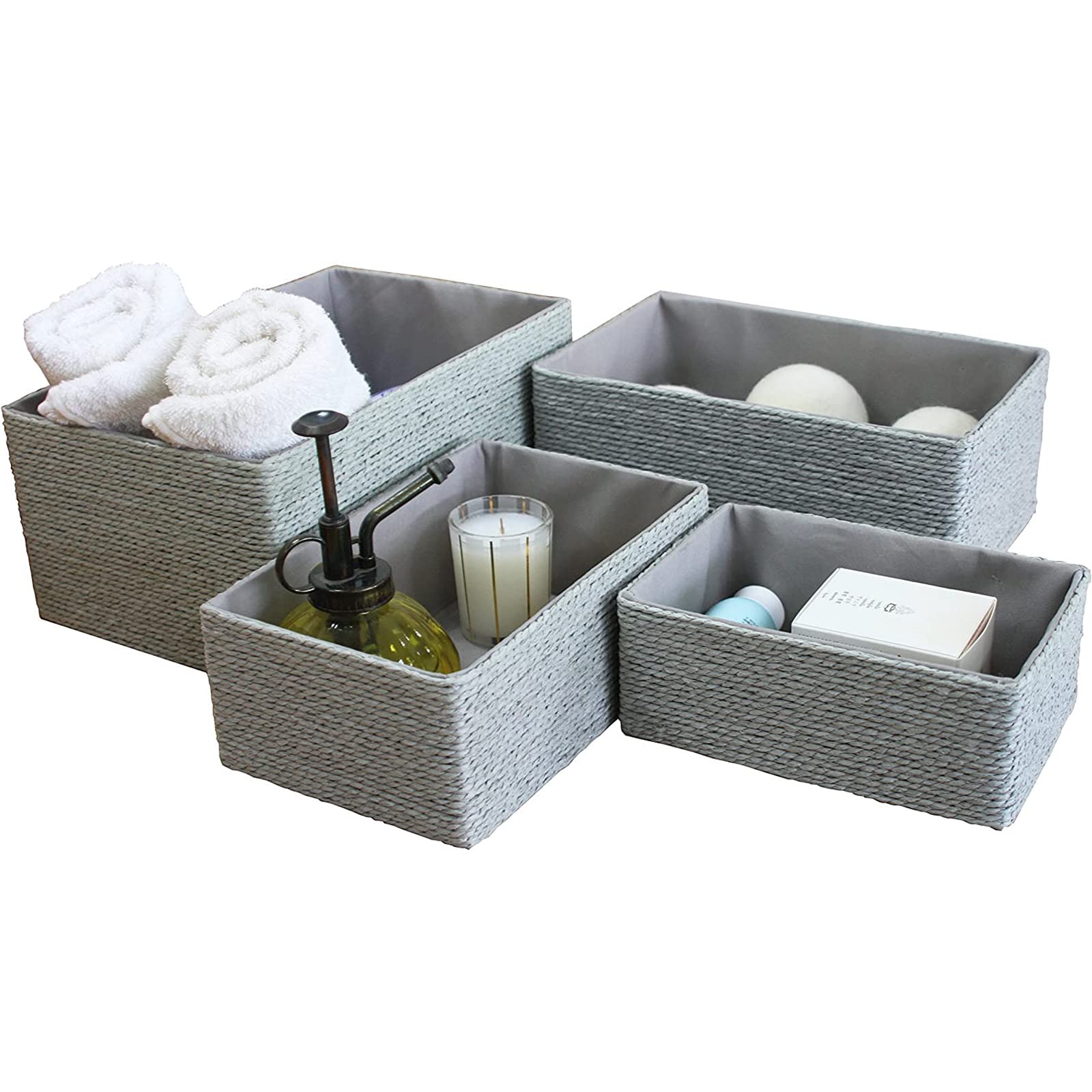 LA JOLIE MUSE Storage Baskets Set 4 - Stackable Woven Basket Paper Rope Bin  Storage Boxes for Makeup closet Bathroom Bedroom (gray)