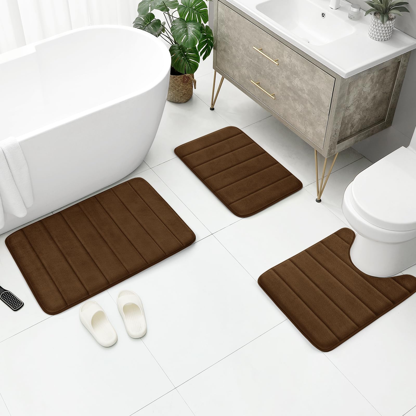 BYSURE Brown Memory Foam Bathroom Rug Set 3 Piece Non Slip Extra Absorbent Shaggy Bathroom Mats and Rugs Sets  Soft & Dry Bath Mat Sets for Bathroom Washable Carpets Set