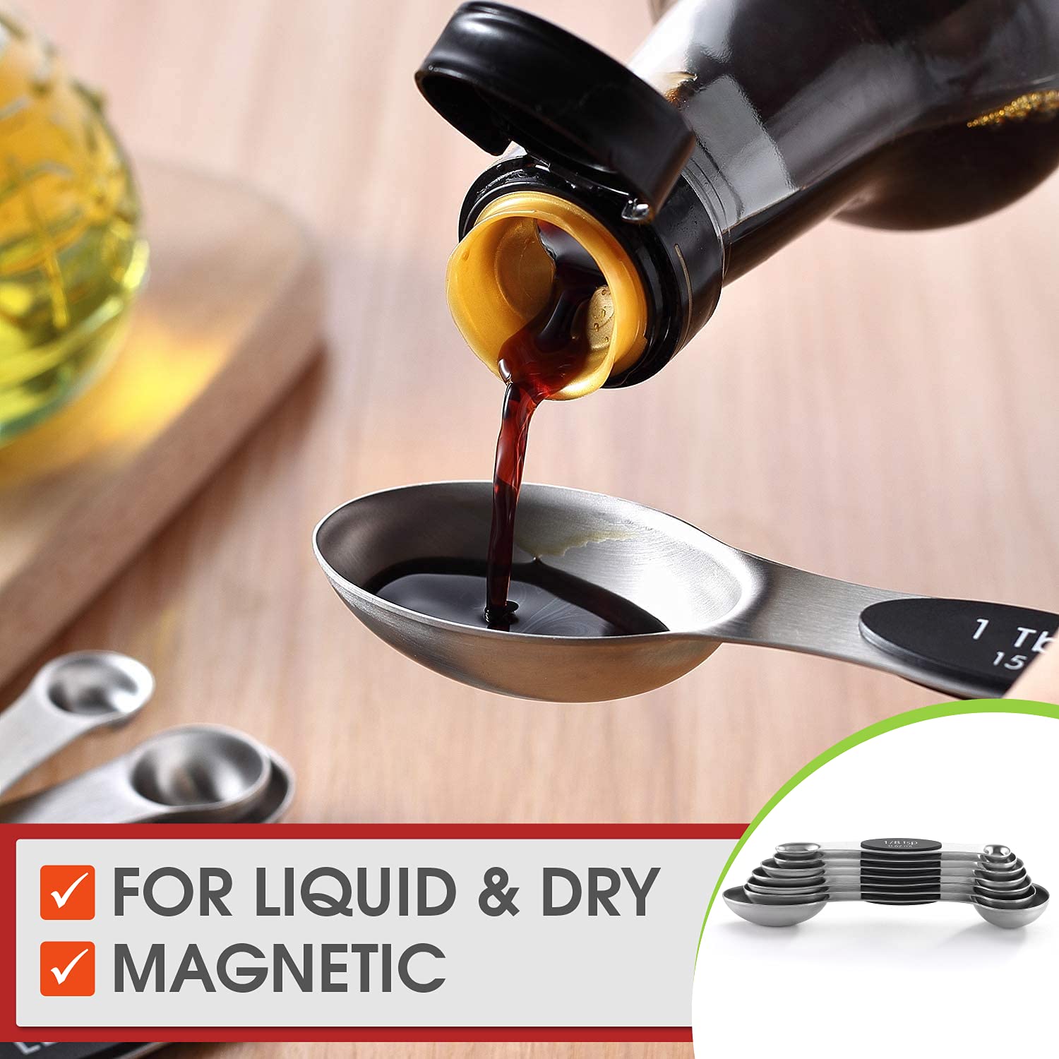 Spring Chef Magnetic Measuring Spoons Set, Dual Sided, Stainless Steel, Fits In Spice Jars, Black, Set Of 8, 2 Pack