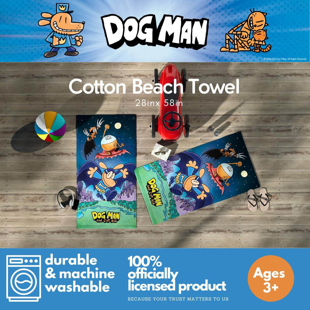 Dog Man Supa Cop & Petey Book Kids Super Soft Cotton Bath/Pool/Beach Towel, 58 in x 28 in, (Offically Licensed Product) by Franc
