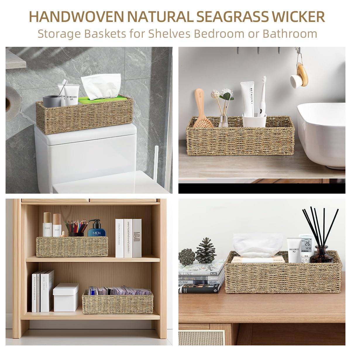 Weavelyrics [2-Pack] Seagrass Storage Baskets, Rectangle Wicker Containers, Wicker Toilet Basket Tank Topper, Handwoven Natural