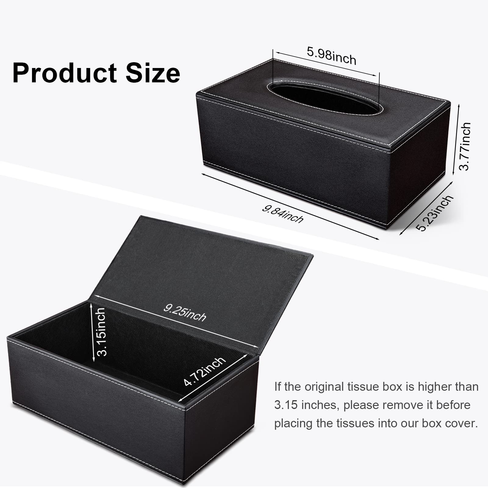 GORESE PU Leather Tissue Box Cover - Rectangular Holder for Kleenex, 9.84"x5.23"x3.77", Black, Model A001