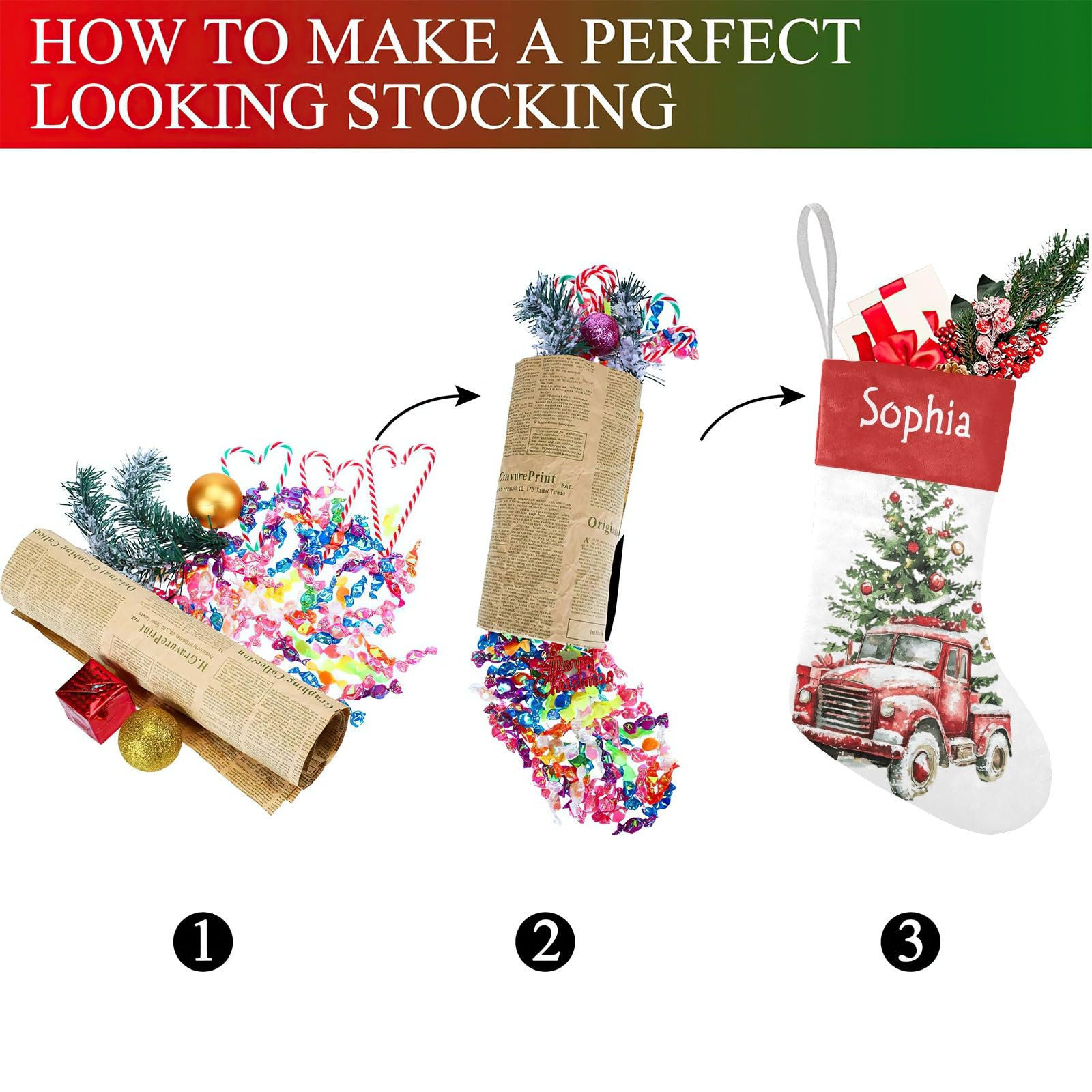 Personalized Name Christmas Trucks with Tree Christmas Stockings Text Custom Xmas Holiday Pup Dog Gift Decor 17.52 x 7.87 Inch