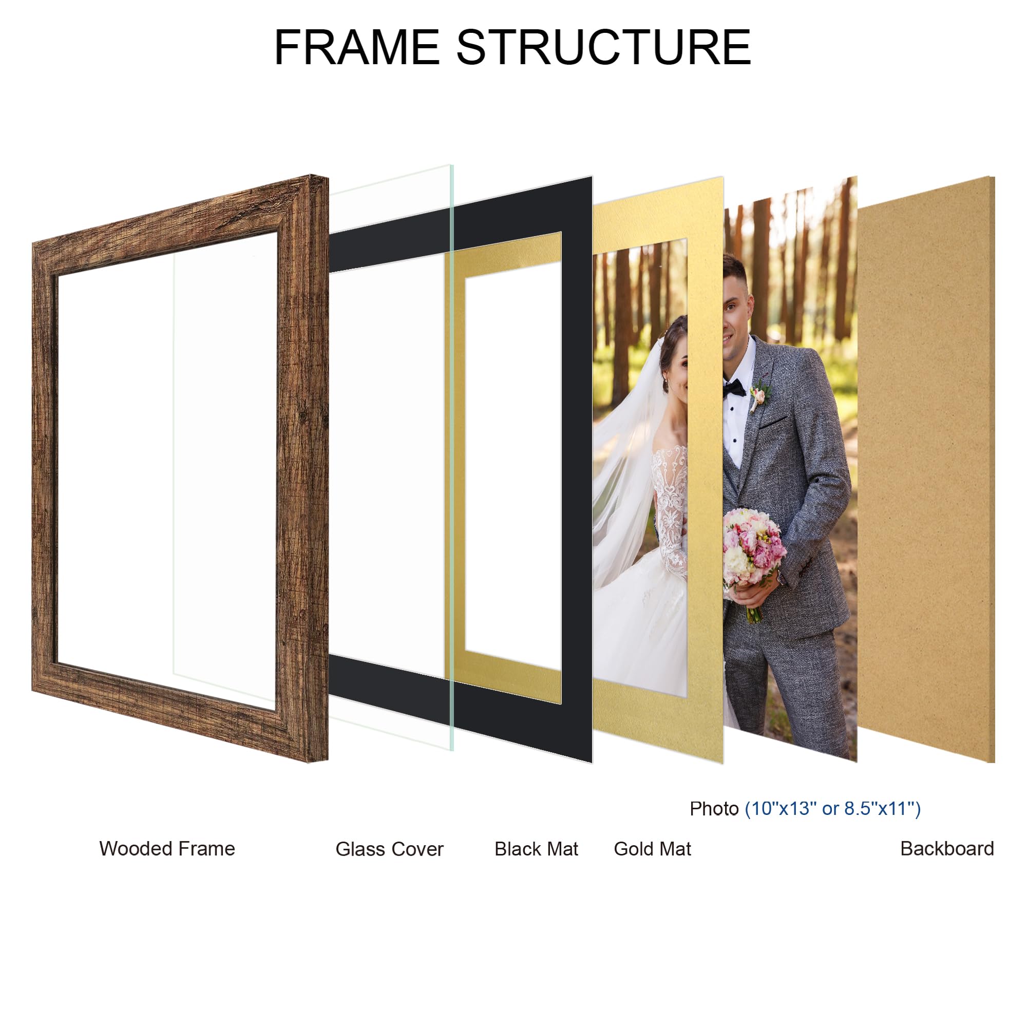 Hongkee 10x13 Picture Frame Set of 4, Made of Real Glass and Rustic Brown Frame, 10 by 13 Photo for Wall or Tabletop - Display P