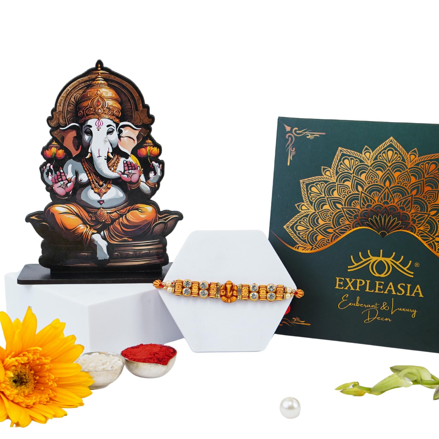Expleasia Rakhi Set With Divine God Figure Table Stand | Table | Desk| Gift Item (Lord Ganesha) Rakhi Set For Brother, Rakhigift
