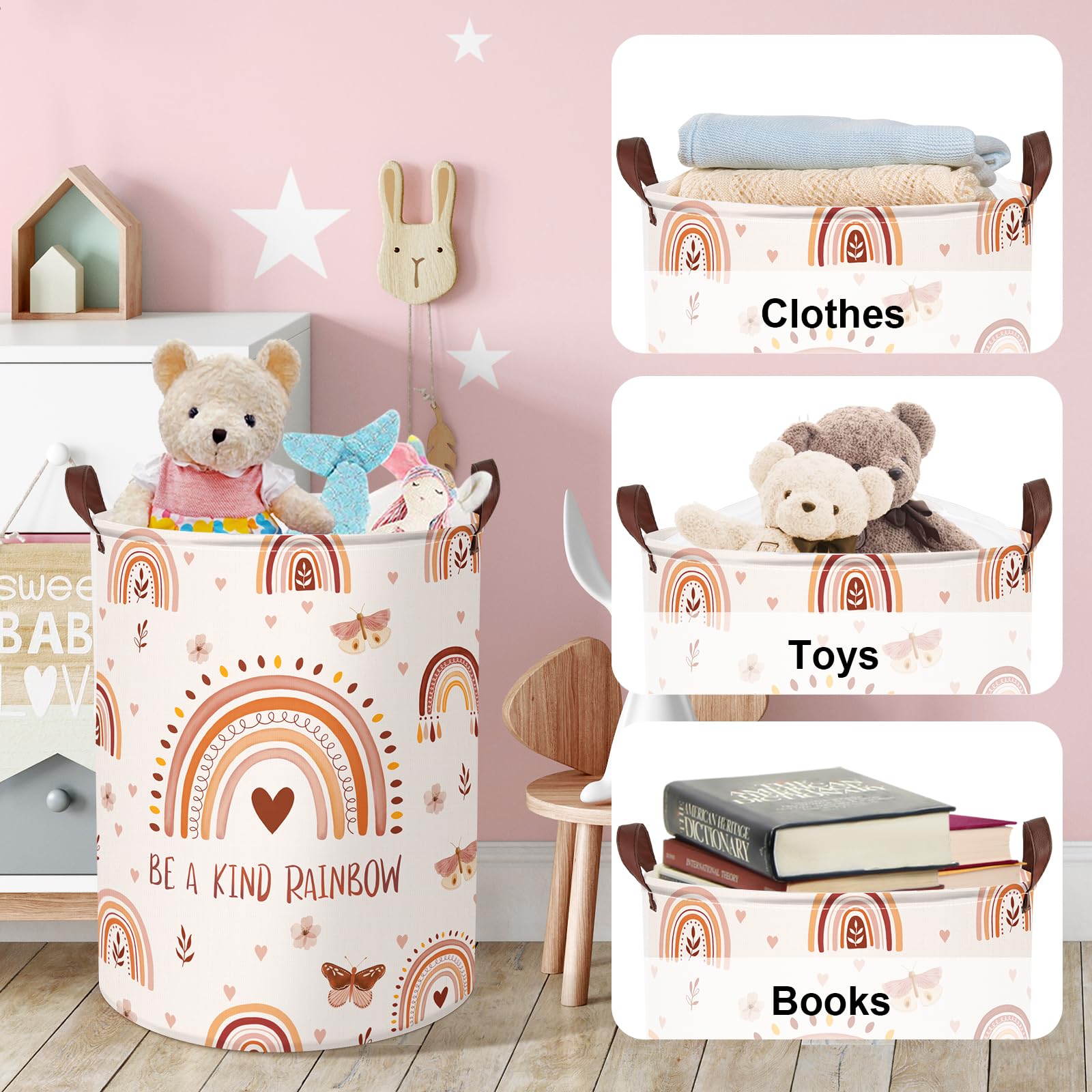 Clastyle 45L Boho Rainbow Laundry Hamper With Handle Drawstring Waterproof Butterfly Flowers Pink Laundry Basket Round Clothes T