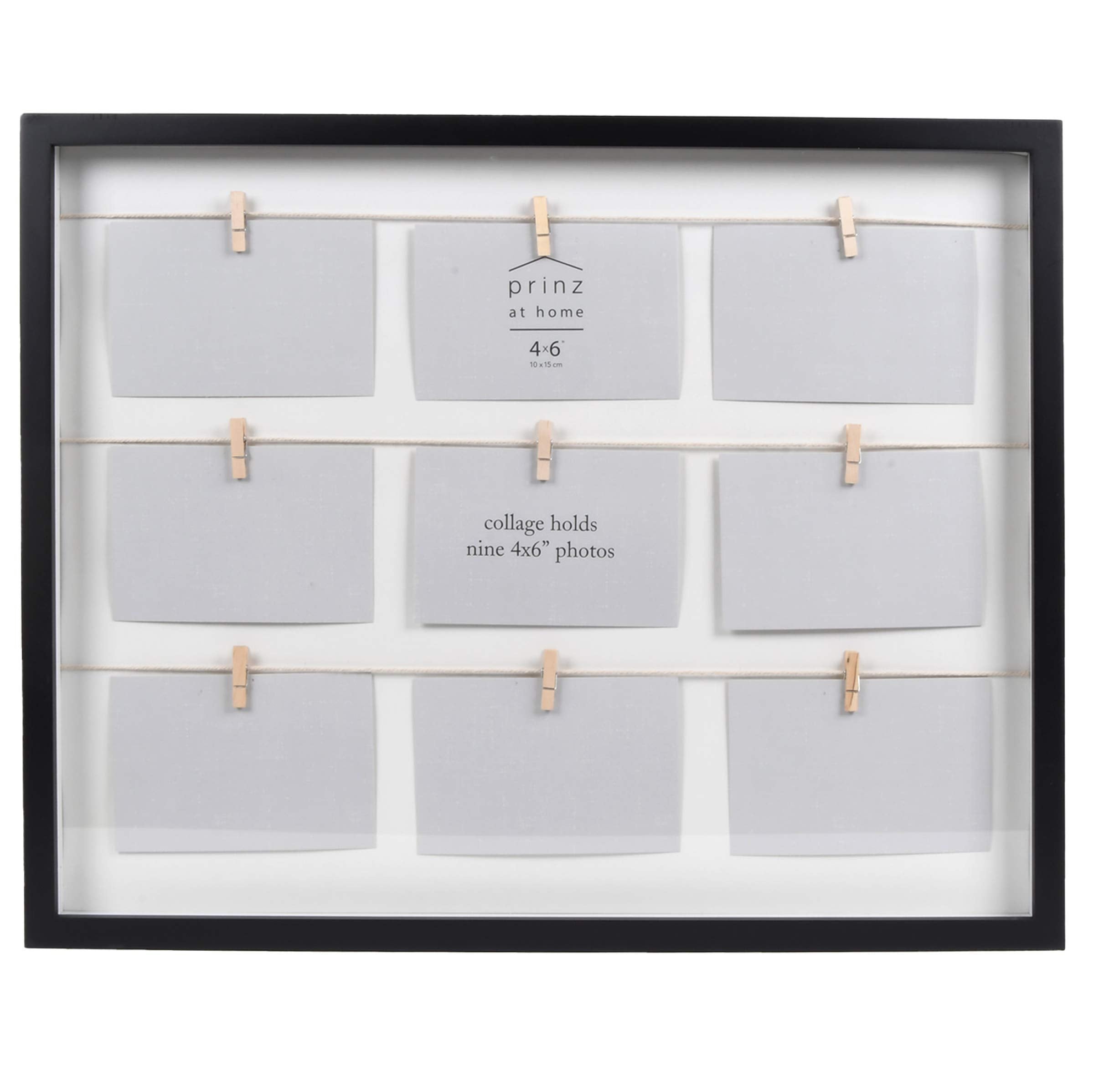 Prinz 9 Opening Clothespin Collage Picture Frame for 4x6 Photos, Wall Hanging, Black