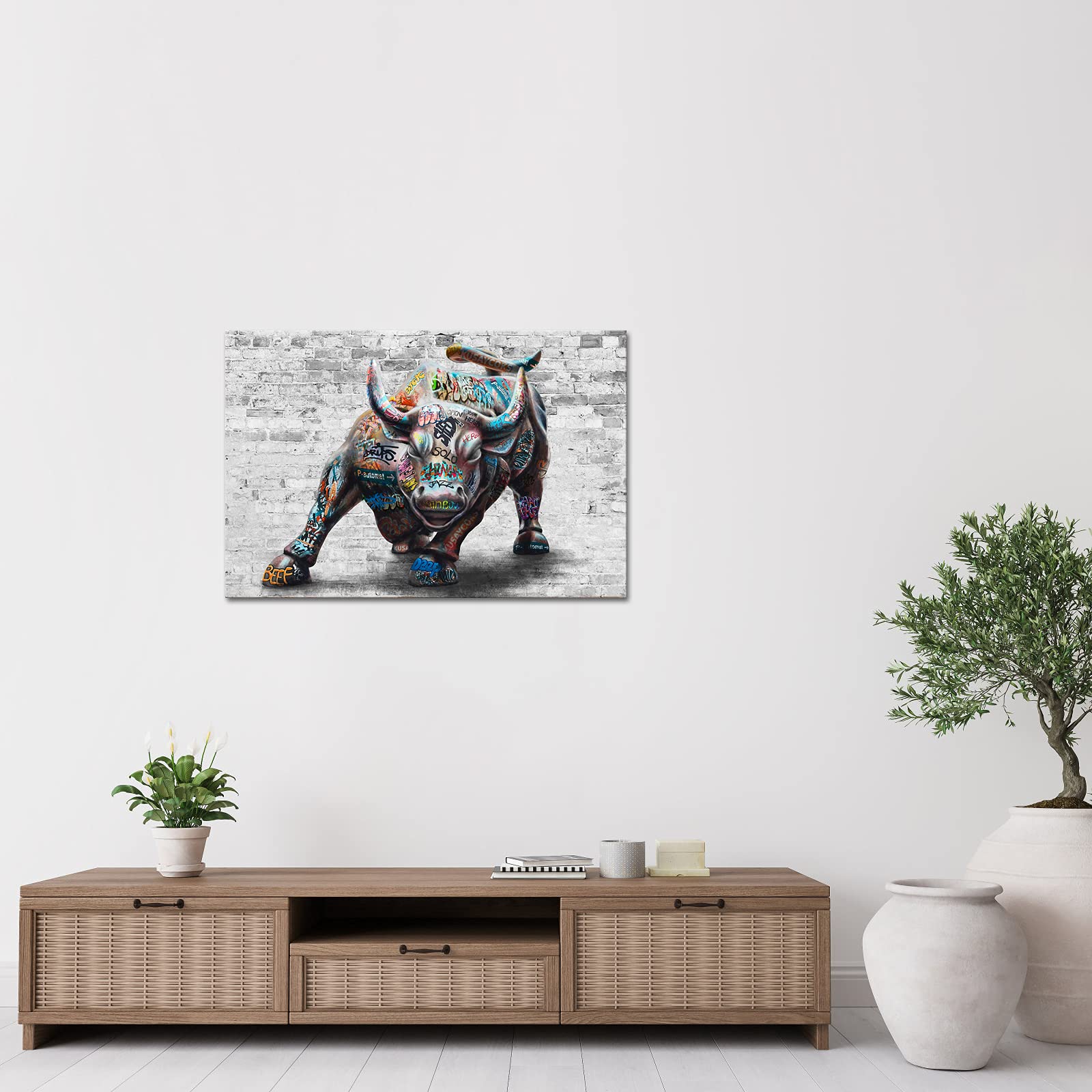 Duobaorom Large Graffiti Bull Canvas Motivational Cool Wall Art For Men New York Landmark Bull Pop Street Painting Office Decor