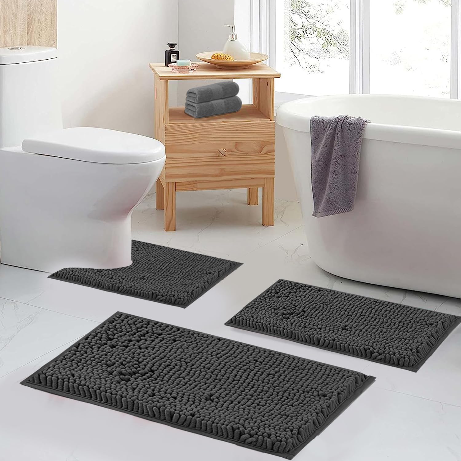 Bathroom Rugs Set Plush Chenille 3 Piece Bath Mat Washable Bath Rugs with Non Slip Backing Bath Carpet Absorbent Shower Rugs Bathroom Mats and Toilet Rug Bath Mats for Bathroom Bedroom  Kitchen Tub