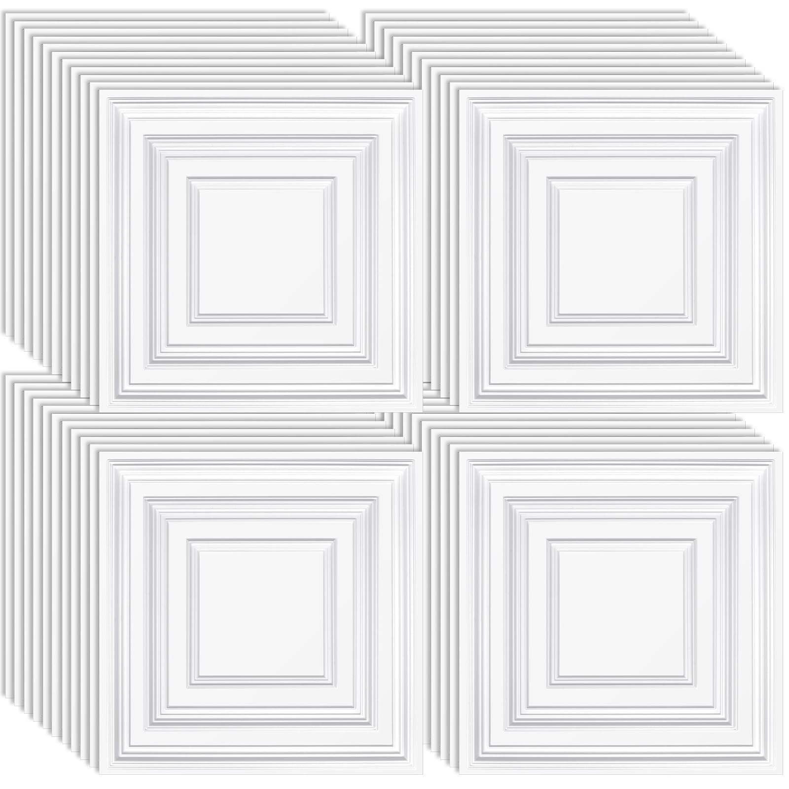 Landical 50 Pcs 2 x 2 ft White PVC Plastic Drop Ceiling Tiles 24 x 24 x 0.8 Inch Ceiling Panels Decorative Cover 200 Sq. ft for 