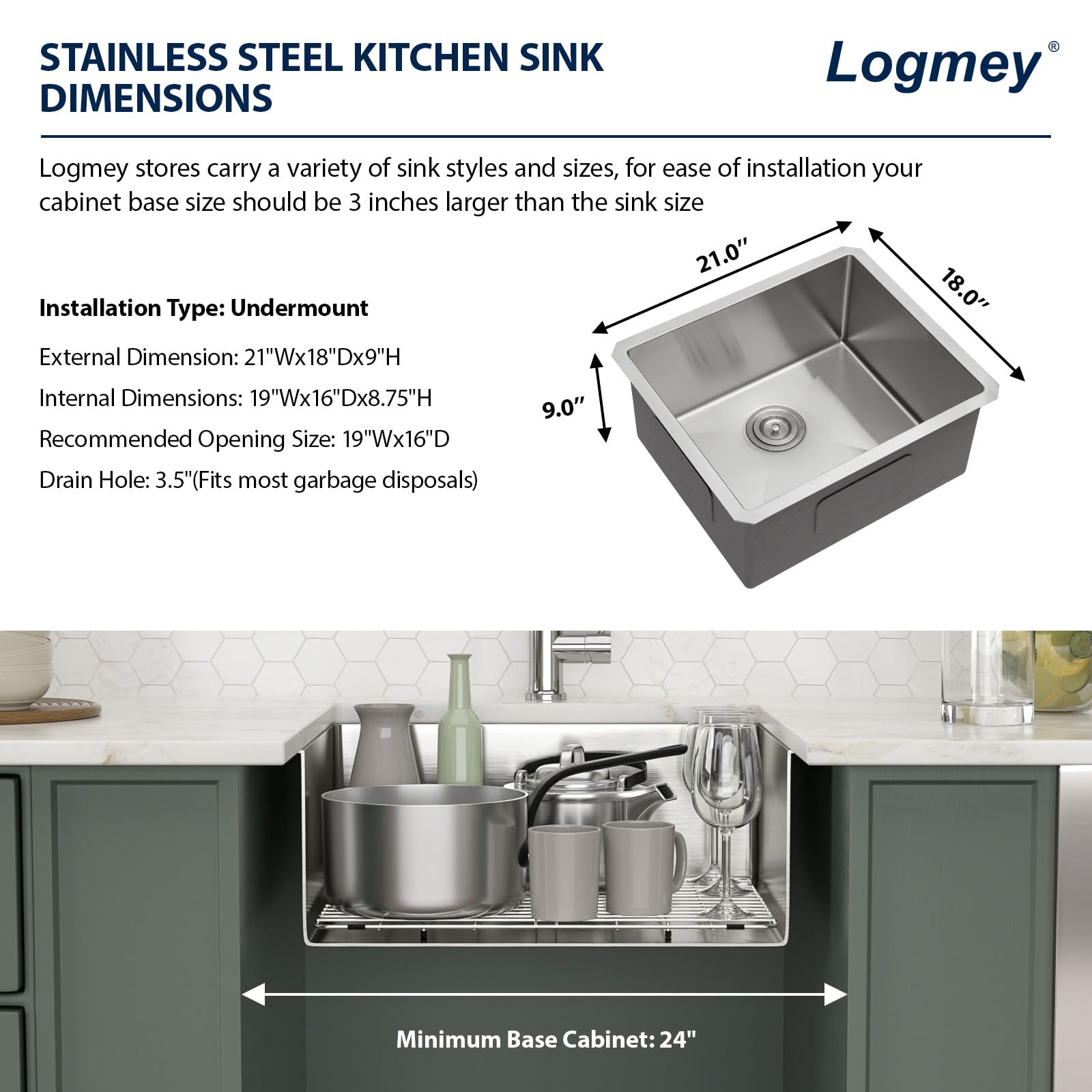 21 Bar Sink Undermount - Logmey 21 X 18 Inch Undermount Kitchen Sink 18 Gauge Stainless Steel Deep Single Bowl Bar Prep Sink