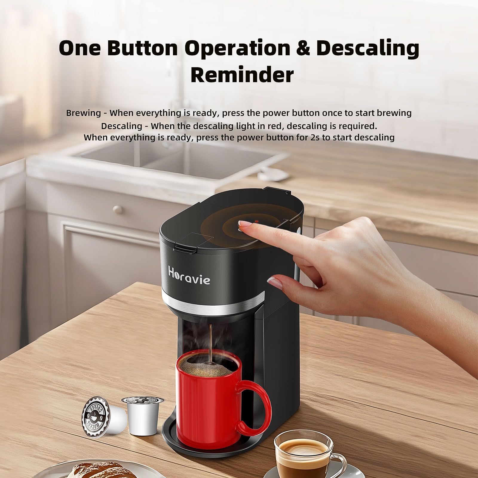 Horavie Mini Single Serve Coffee Maker, K1100, Fast Brew, 6-12 oz, Stainless Steel, Black, with Descaling Reminder and Water Window