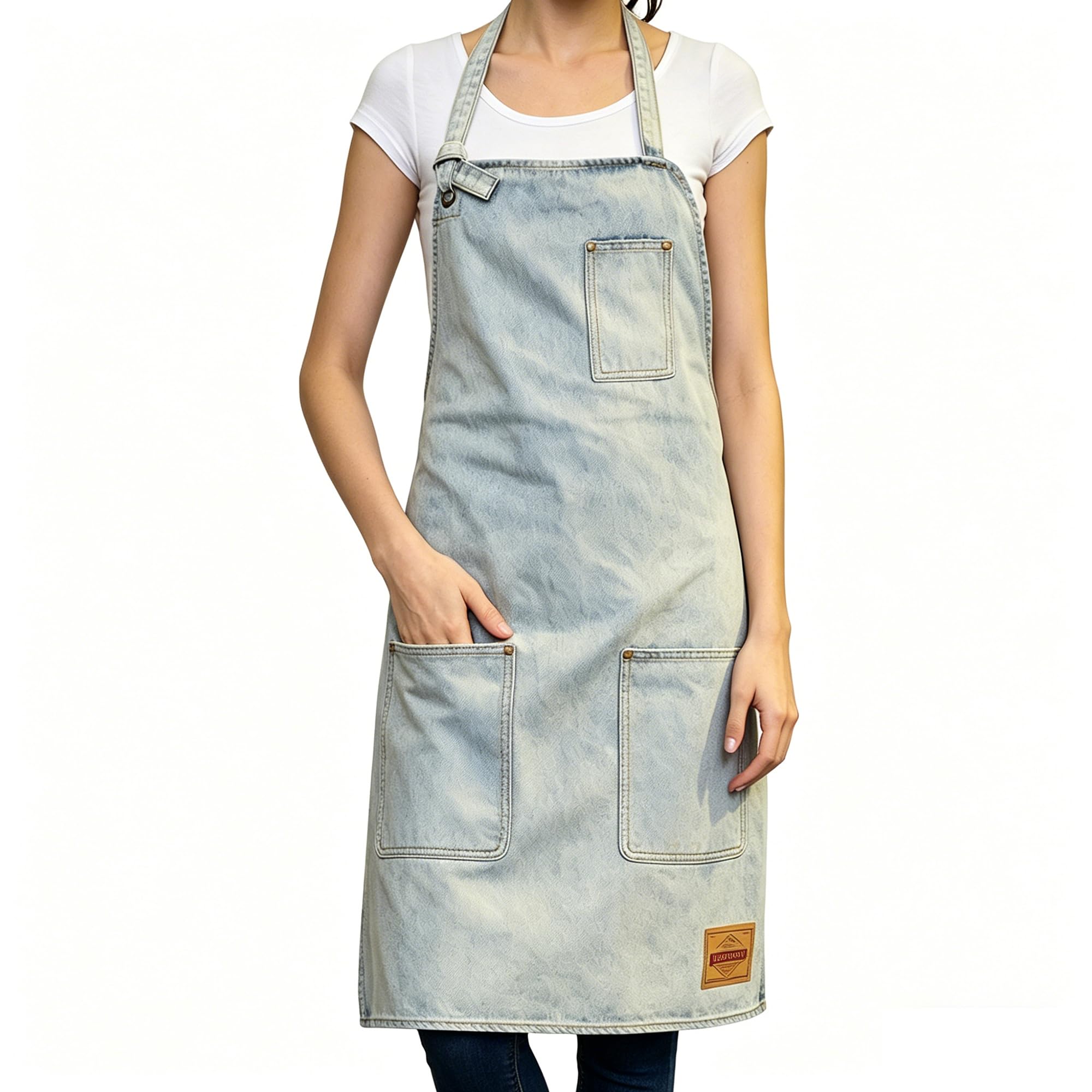 Vantoo Unisex Distressed Jean Apron With Convenient Pockets For Men And Women,White By Vantoo