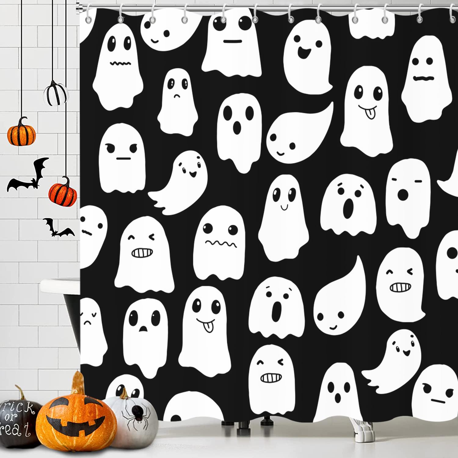 Gcirec Halloween Ghost Shower Curtain, Black And White Spooky Cute Funny Cartoon Ghosts Icons Funny Bathroom Curtain Bathtub Hom