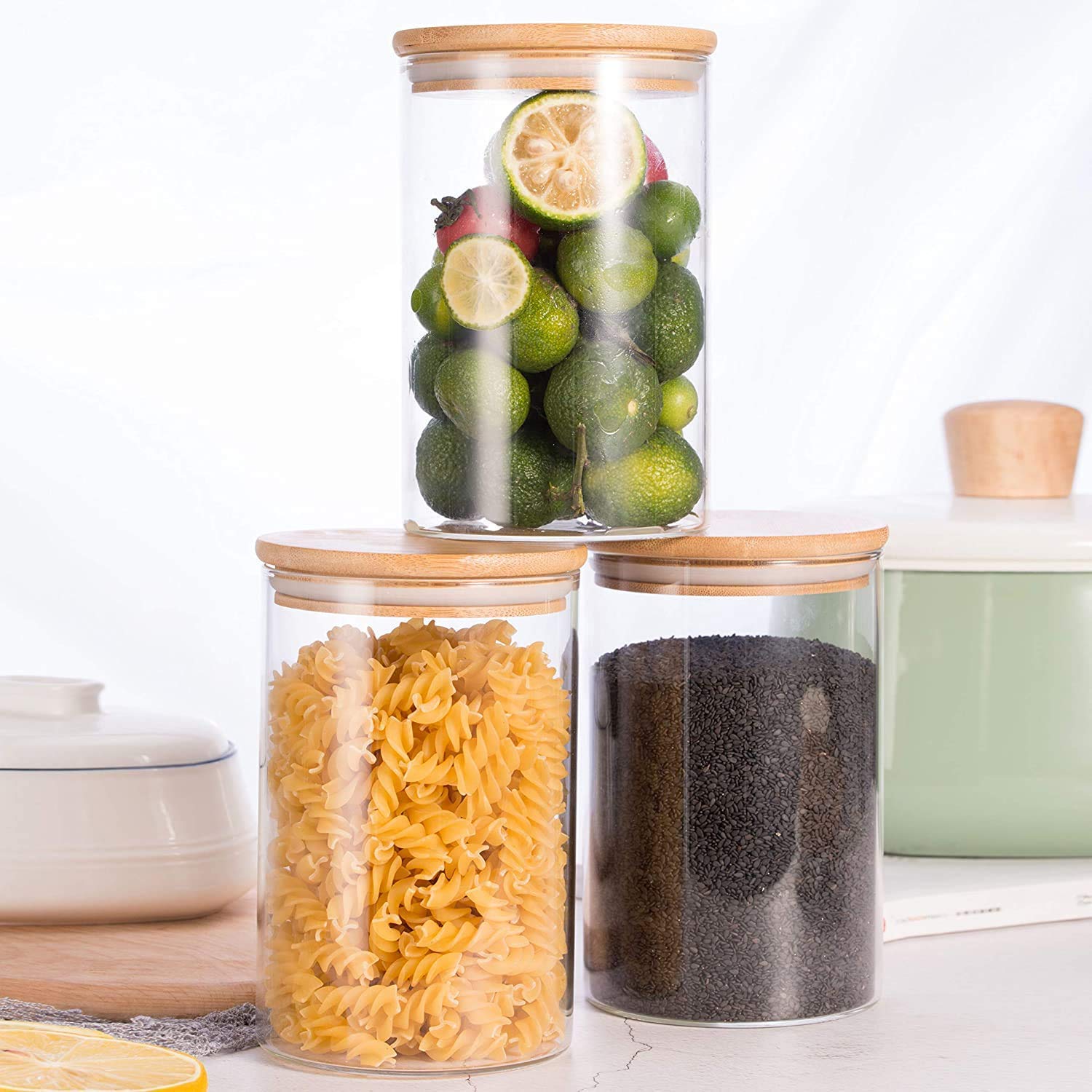 Hejisun 1000Ml Glass Food Storage Containers Set Of 3,Airtight Food Jars With Bamboo Wooden Lids  Set Of 3 Kitchen Canisters Fo