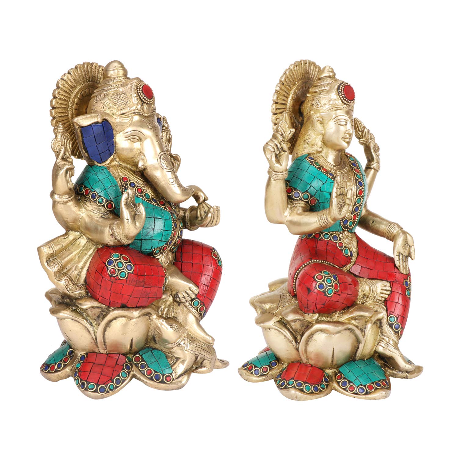 Svarup Brass Lakshmi Ganesha Sitting On Lotus Laxmi Ganesh Idol For Diwali Pooja Home Decor (Height 10 Inch Multicolor)