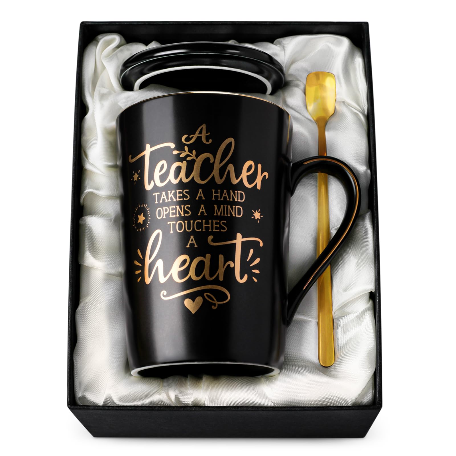 Best Teacher Appreciation Gifts for Men Women, 14oz Unique Black Ceramic Teacher Coffee Mug with Gold Print, Christmas Presents 