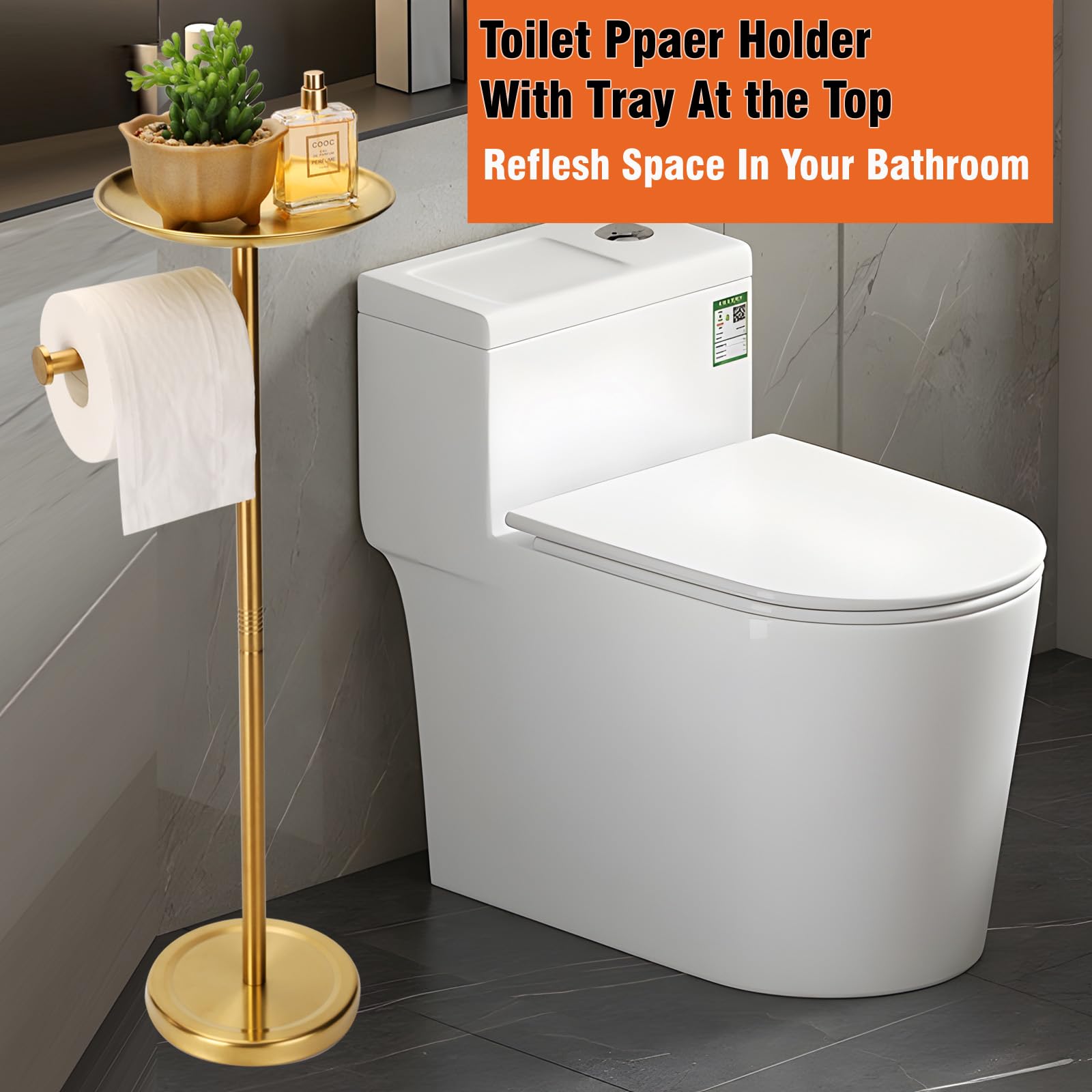 Tofix Toilet Paper Holder With Shelf, Gold Toilet Paper Holder With Tray At The Top, Freestanding Toilet Paper Holder (Stainless