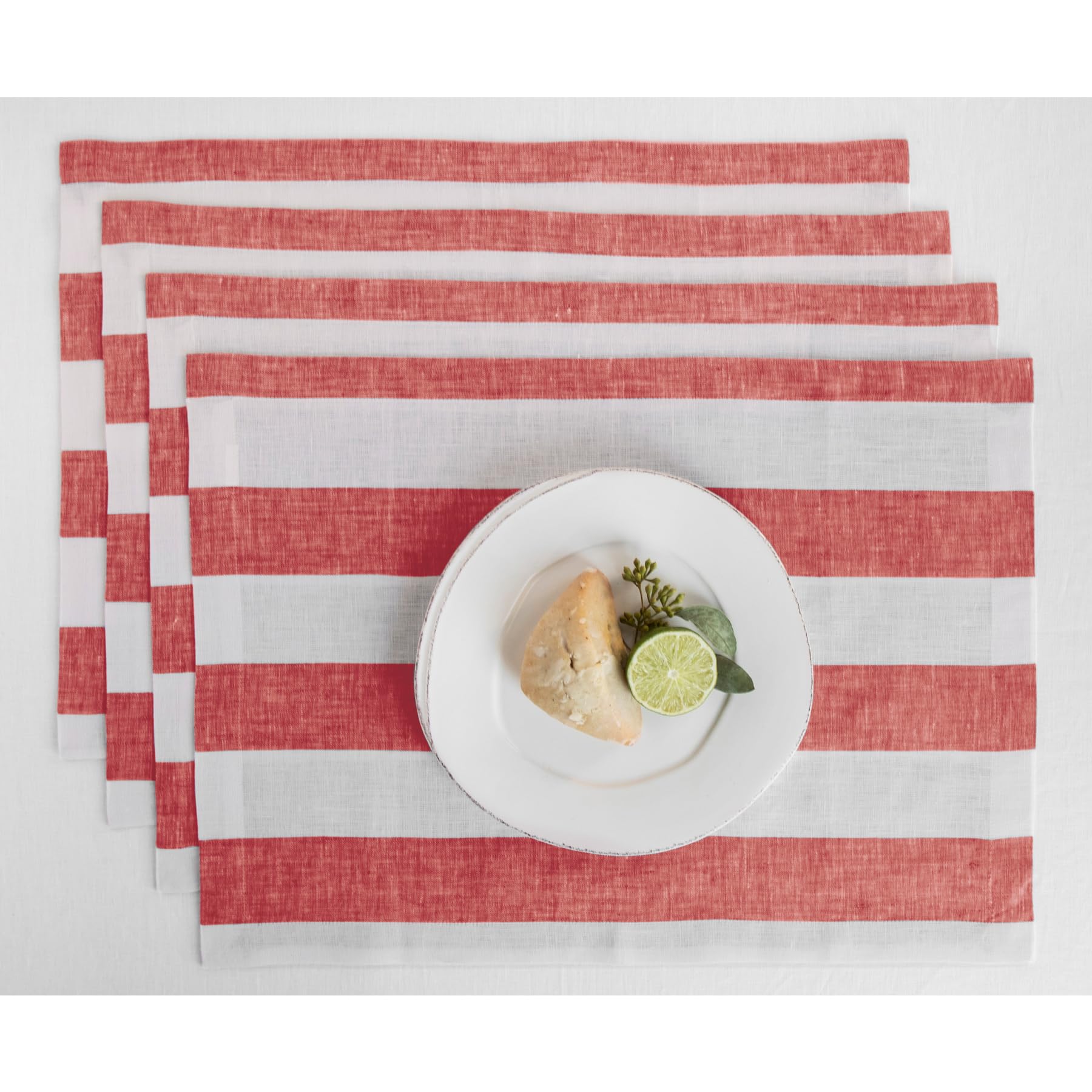 Solino Home Cabana Stripe Linen Placemats 19'' L X 14'' W Inch - 100% Pure Linen Red And White Placemats Set Of 4 - Machine Wash