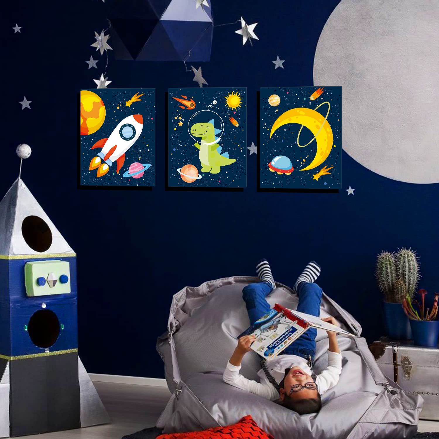 Kairne Outer Space Dinosaur Room Decor,Solar System Stars Wall Canvas Poster,Set Of 4 (12X16Inch,Framed) Planet Astronaut Art Pr