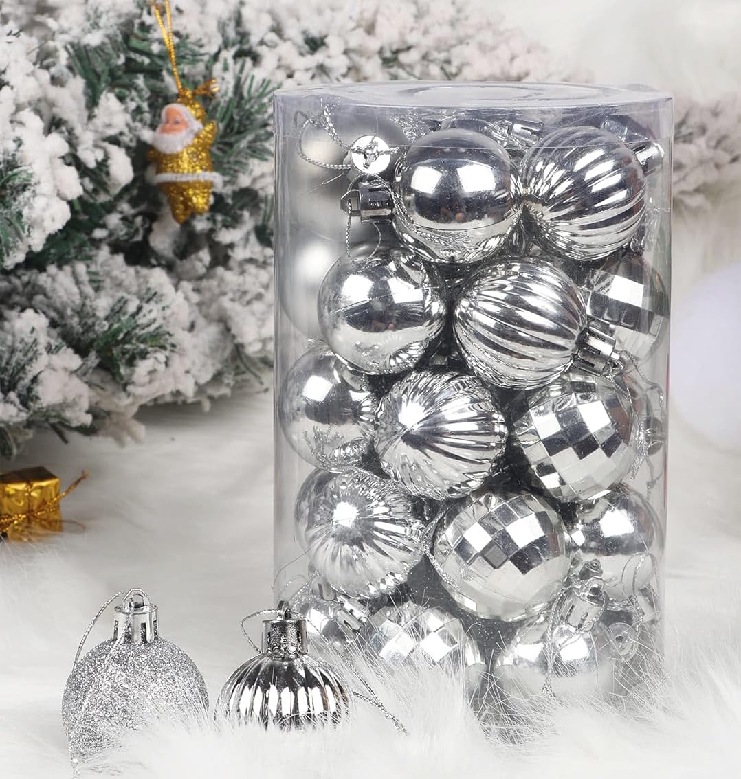 YYCRAFT 34ct Christmas Ball Ornaments 4CM for Xmas Tree Christmas Decorations Shatterproof Hooks Included (Silver, S)