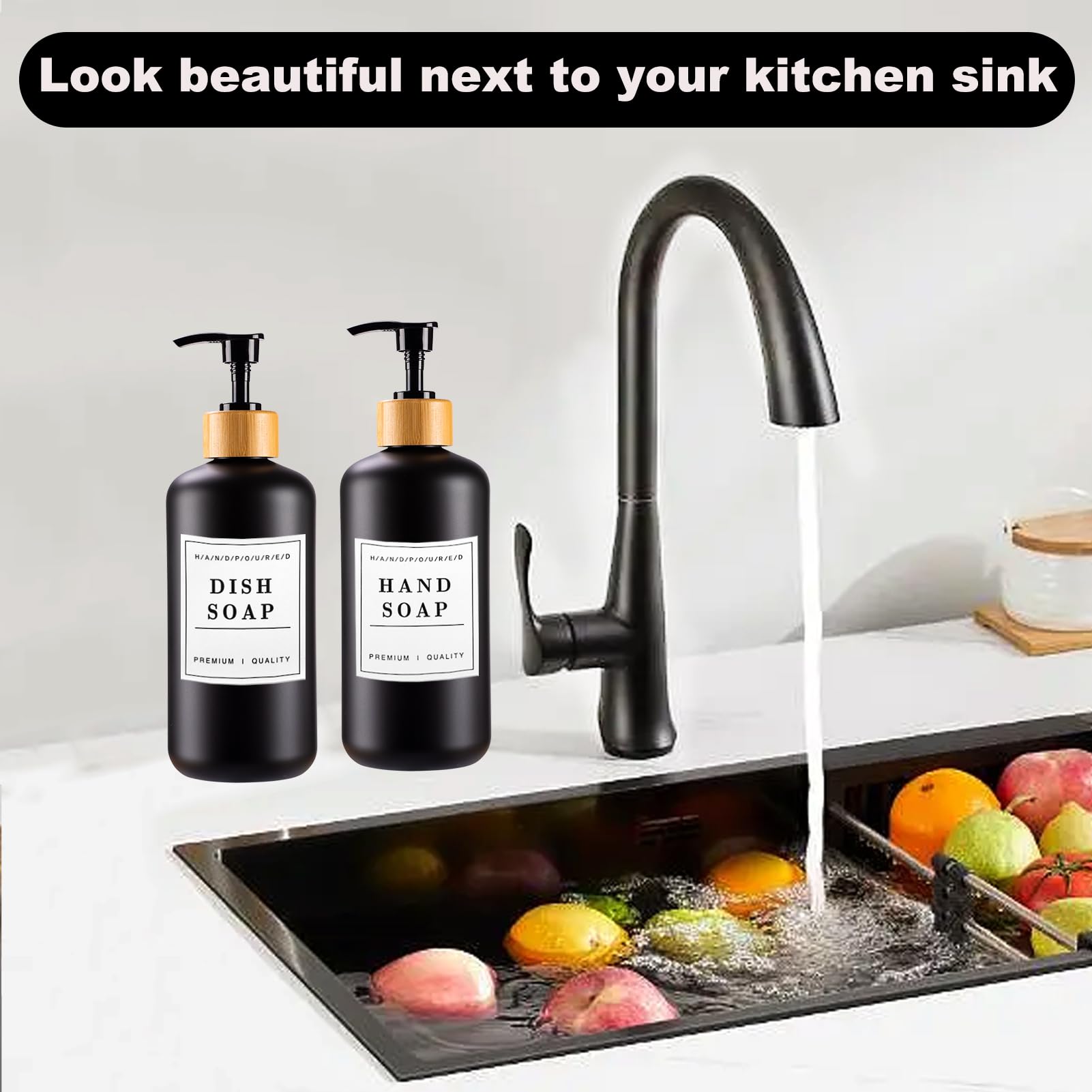 Black Soap Dispenser Set 16Oz Plastic Soap Dispenser With Bamboo Pump Hand And Dish Soap Dispenser For Kitchen Refillable Soap L