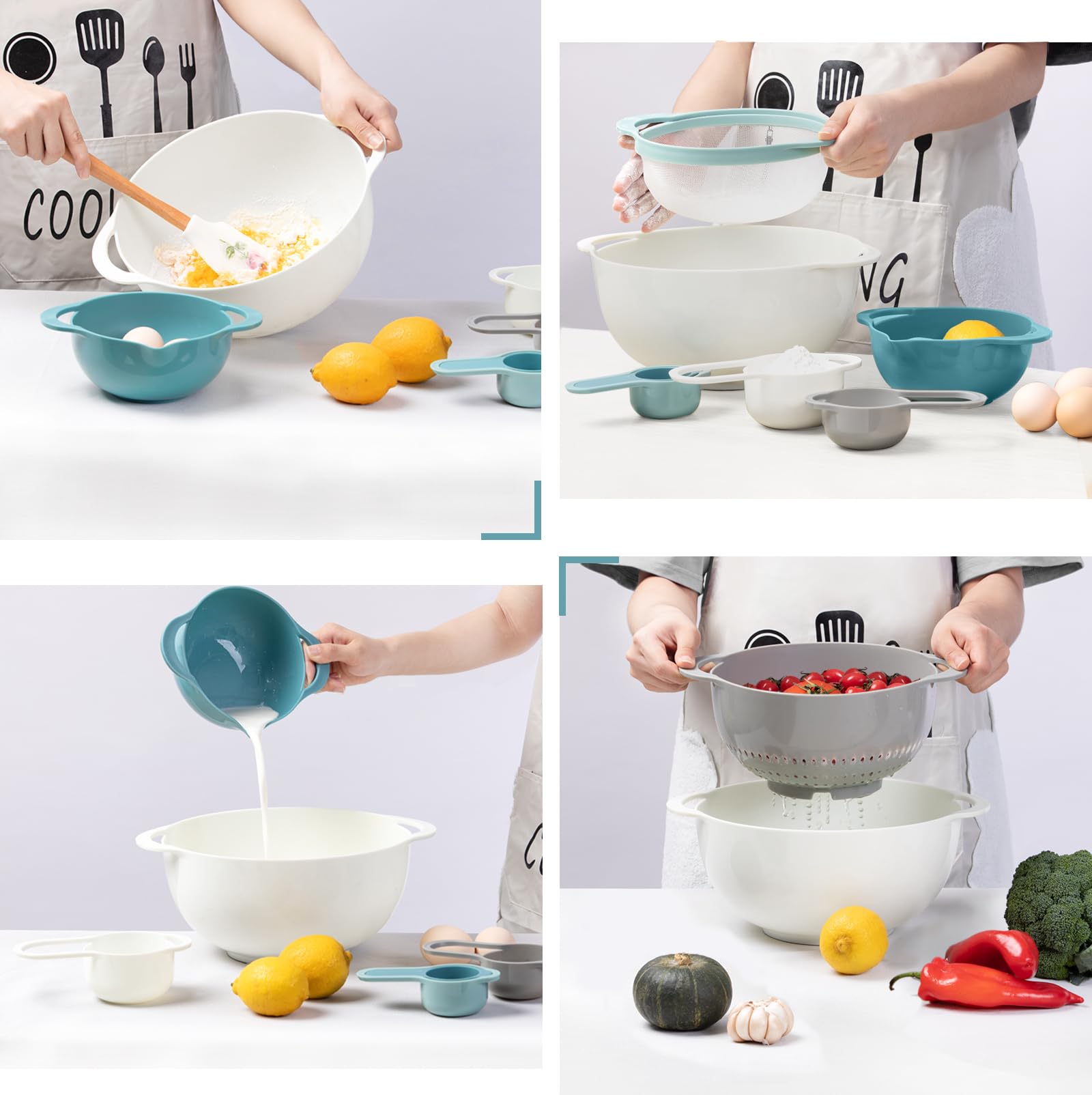 Mixing Bowls For Kitchen, 13 Piece Plastic Mixing Bowls Set Includes 2 Mixing Bowls, 1 Colander, 1 Sifter, 4 Measuring Cups, 5 K