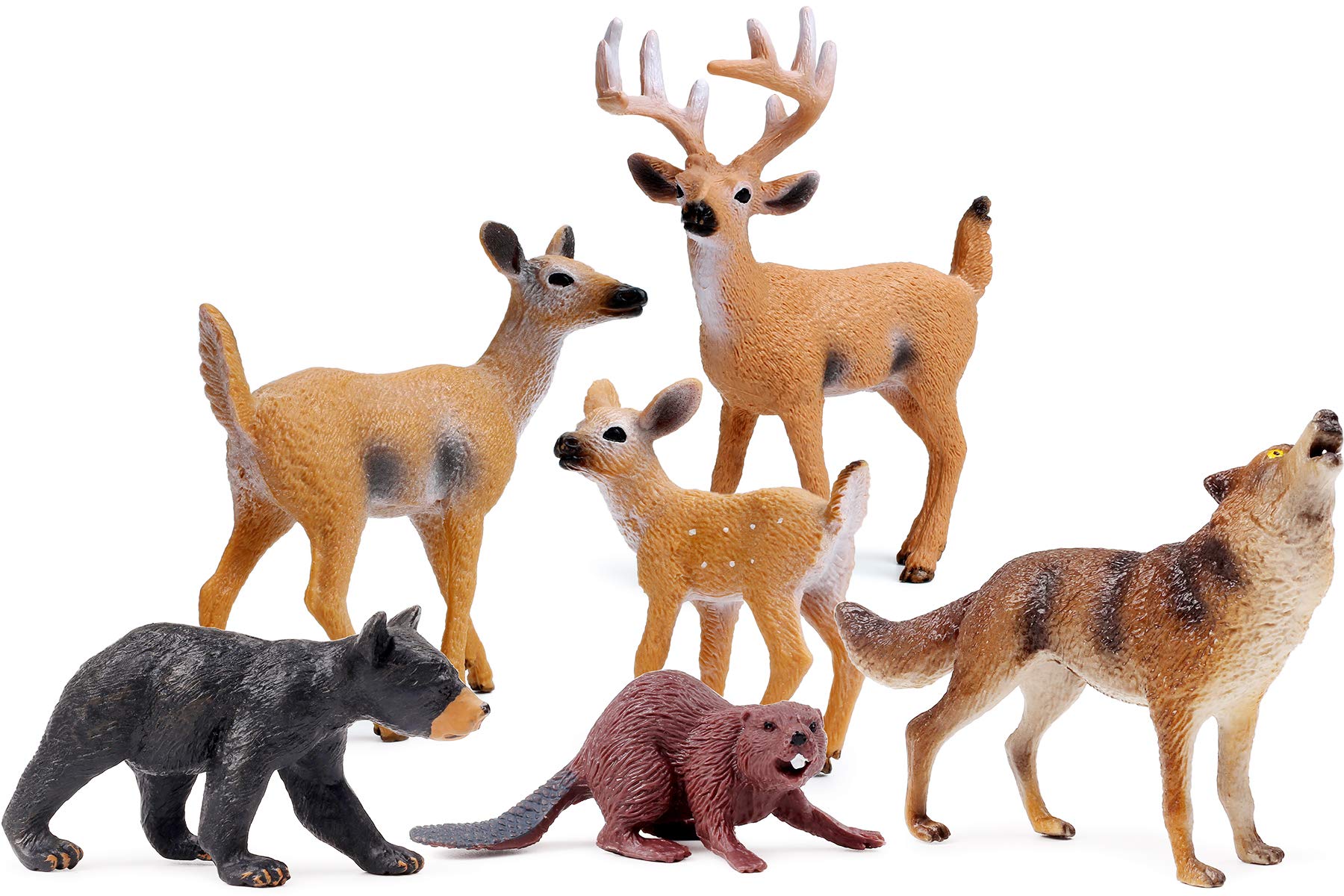 Forest Animals Figures, Woodland Creatures Figurines, Miniature Toys Cake Toppers (Deer Family, Wolf Beaver, Bear Cub)