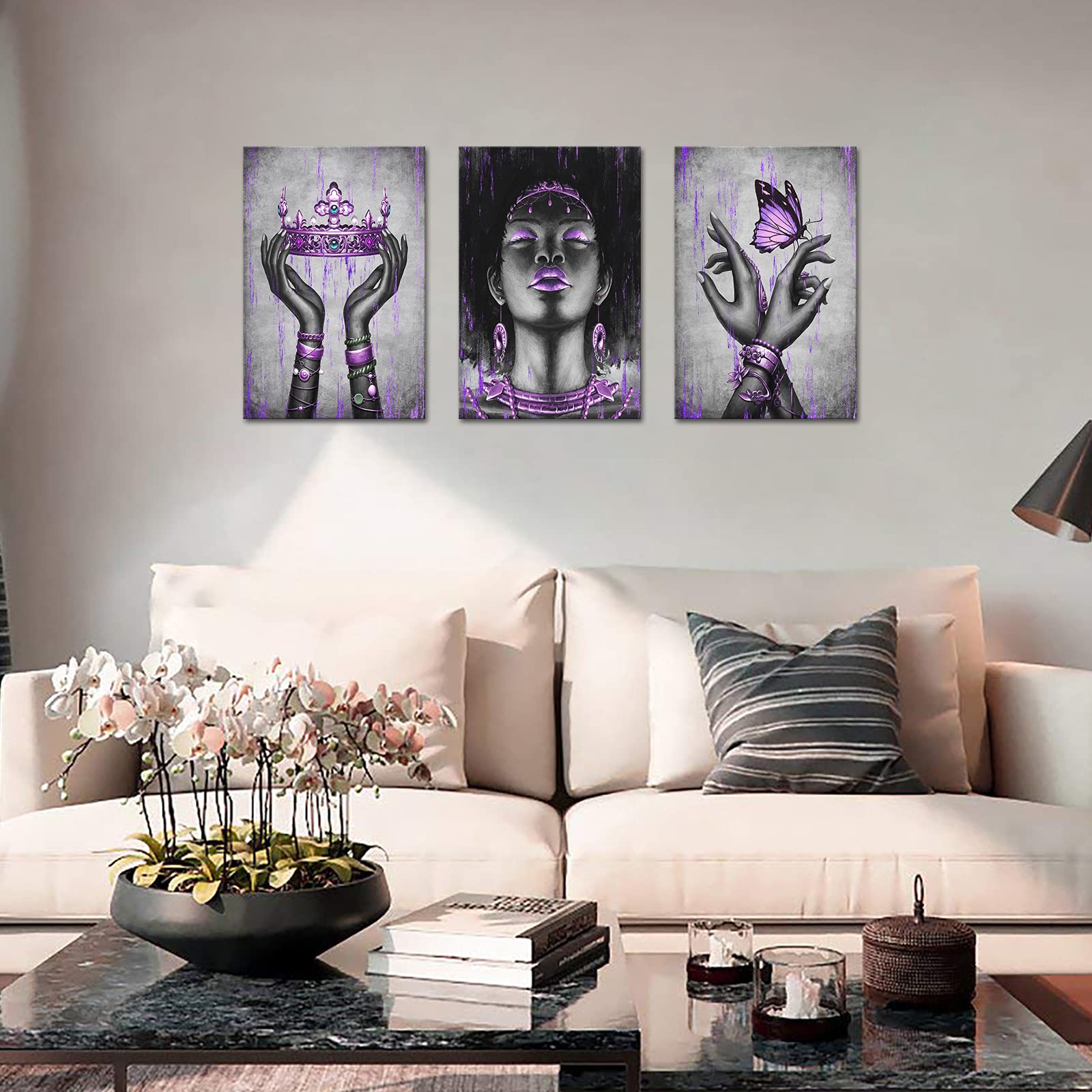 Kalormore Black American Woman Canvas Wall Art Giclee Prints Elegant Woman With Purple Queen Crown Butterfly Painting Picture Ar